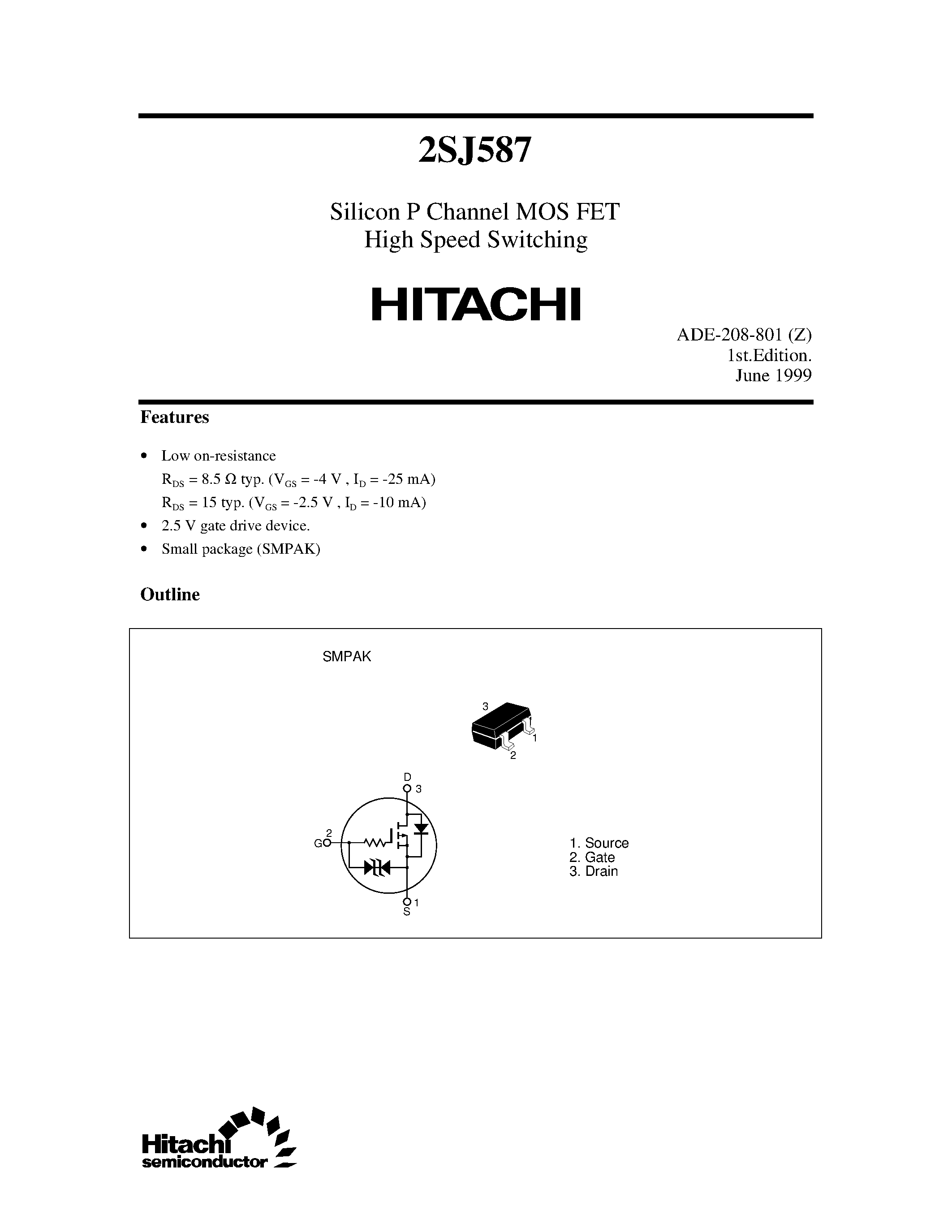 Даташит 2SJ587 - Silicon P Channel MOS FET High Speed Switching страница 1