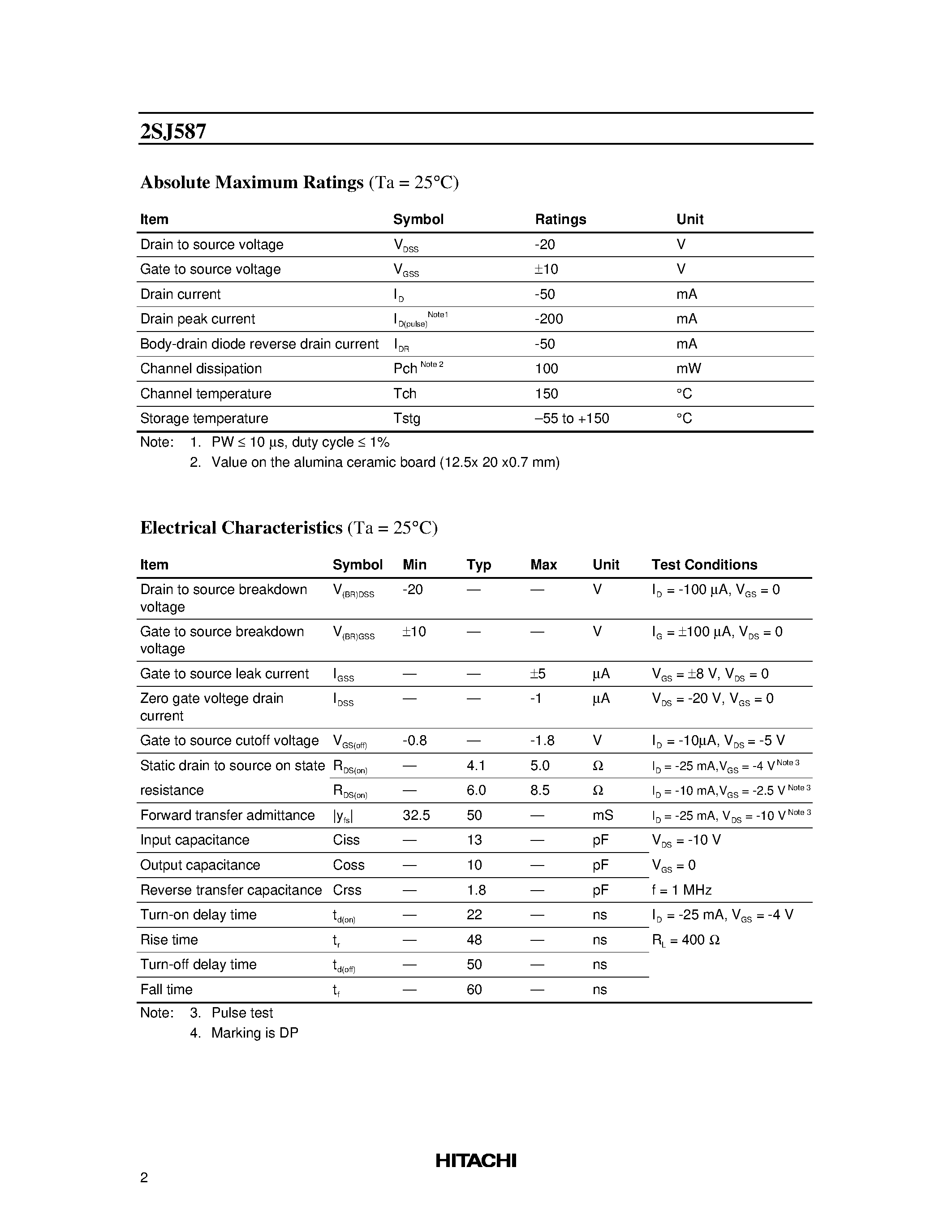 Даташит 2SJ587 - Silicon P Channel MOS FET High Speed Switching страница 2