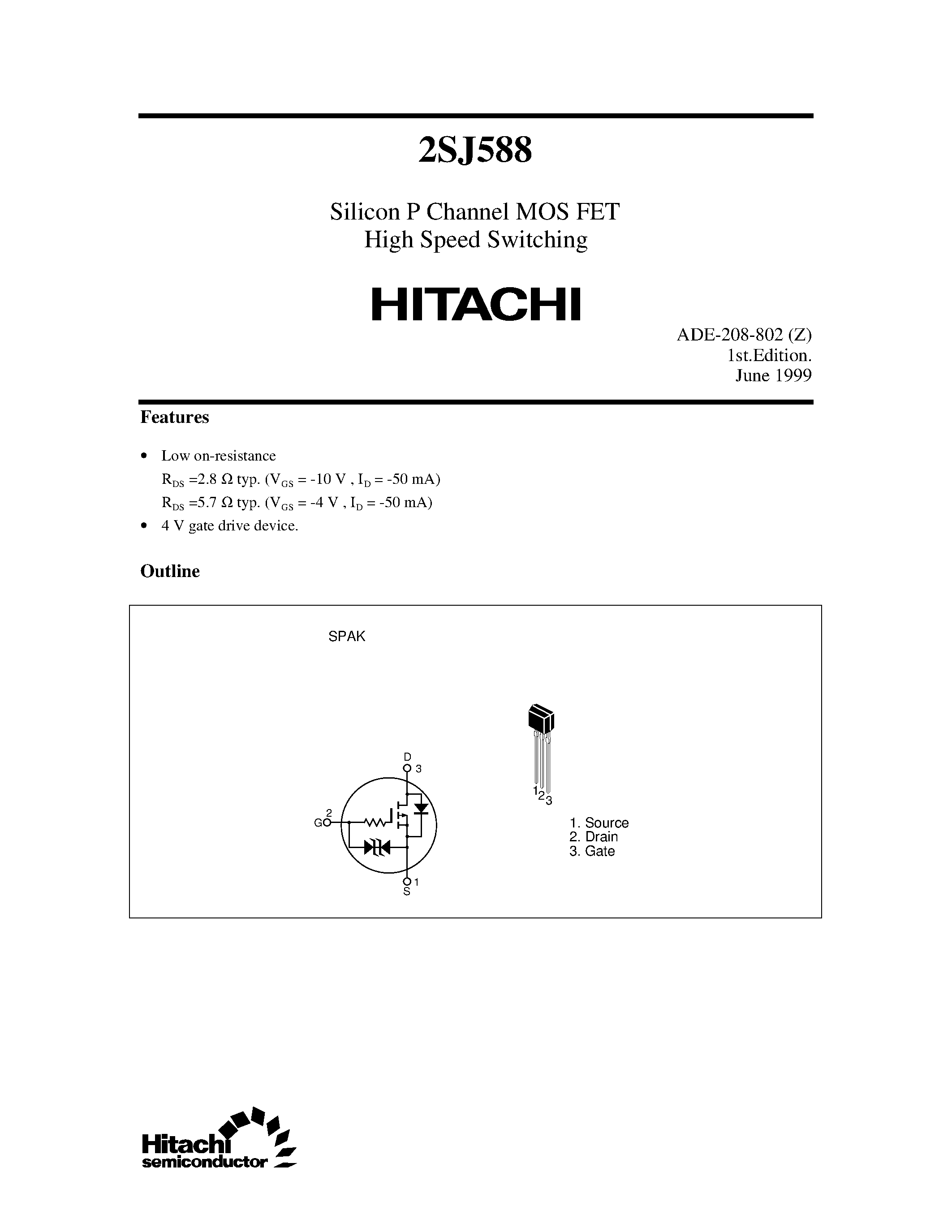 Даташит 2SJ588 - Silicon P Channel MOS FET High Speed Switching страница 1