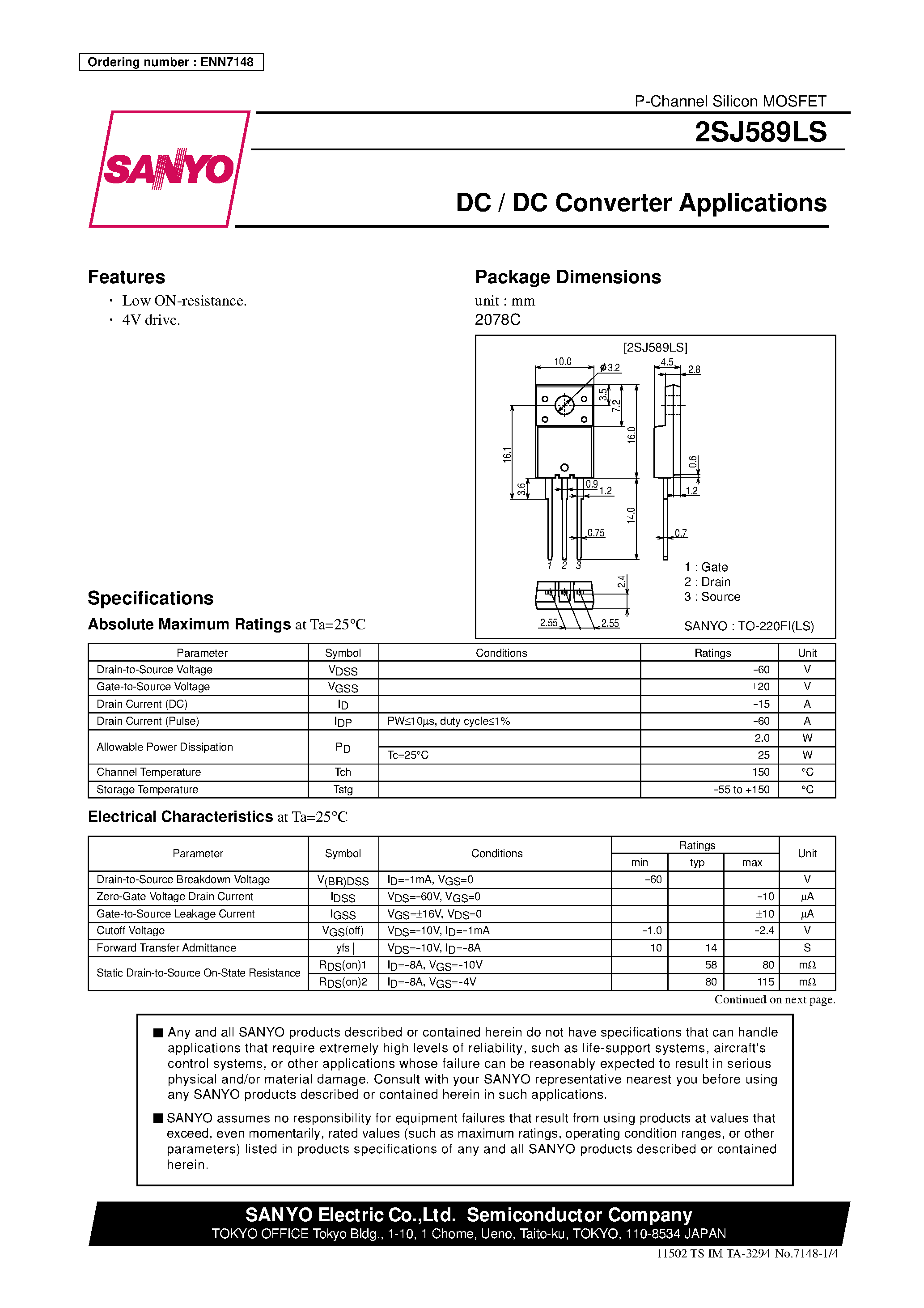 Даташит 2SJ589 - DC / DC Converter Applications страница 1