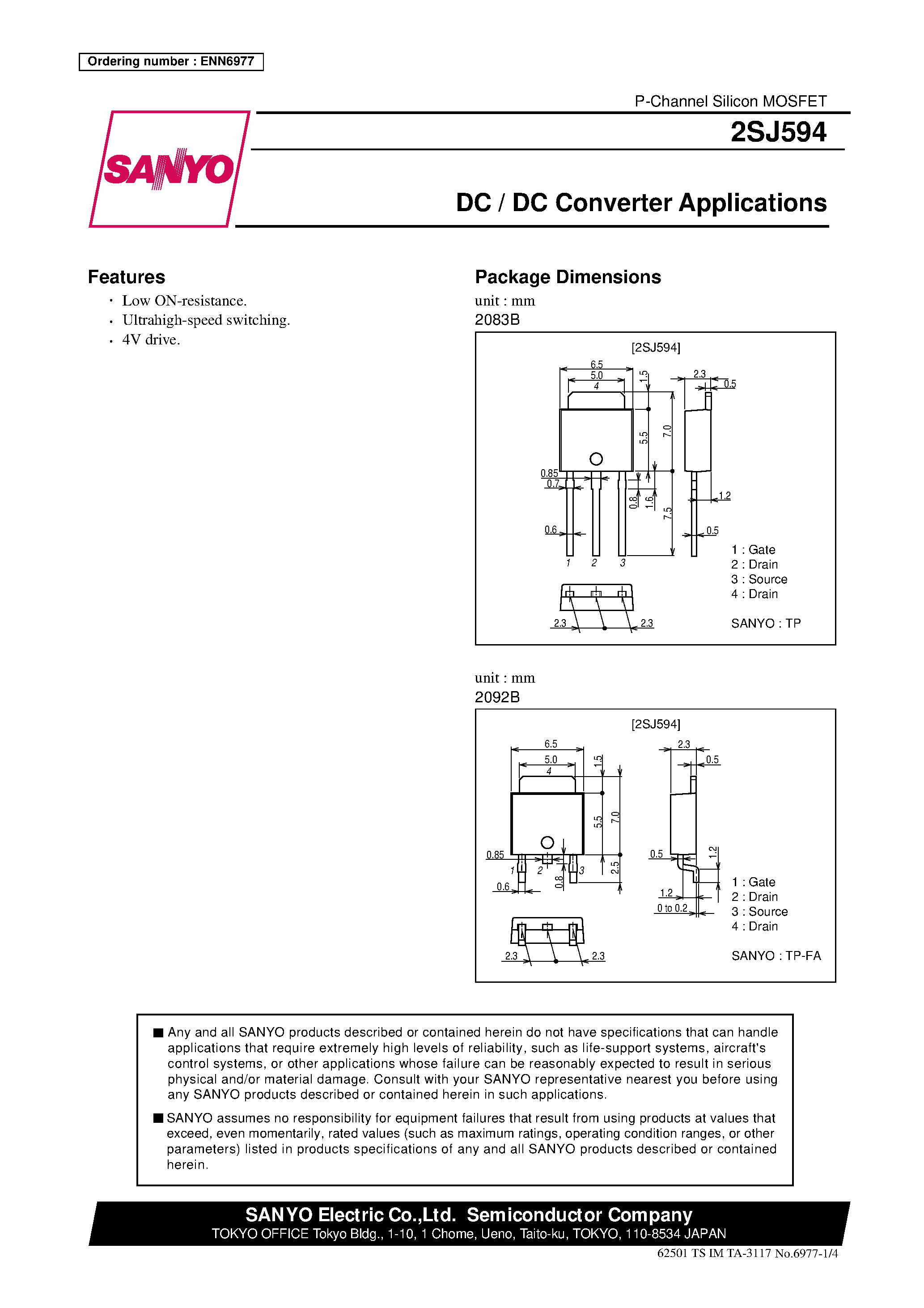 Даташит 2SJ594 - DC / DC Converter Applications страница 1