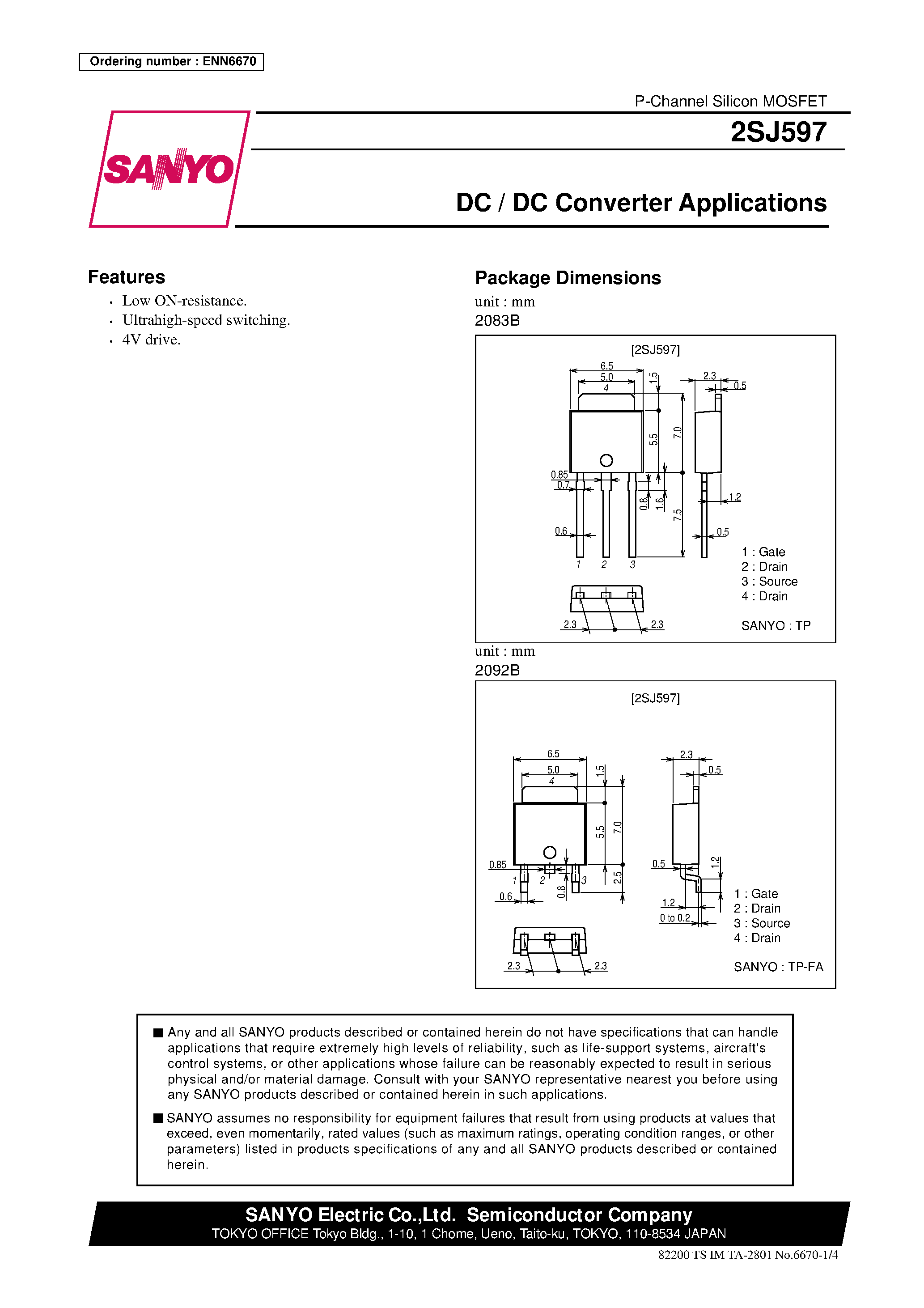 Даташит 2SJ597 - DC / DC Converter Applications страница 1