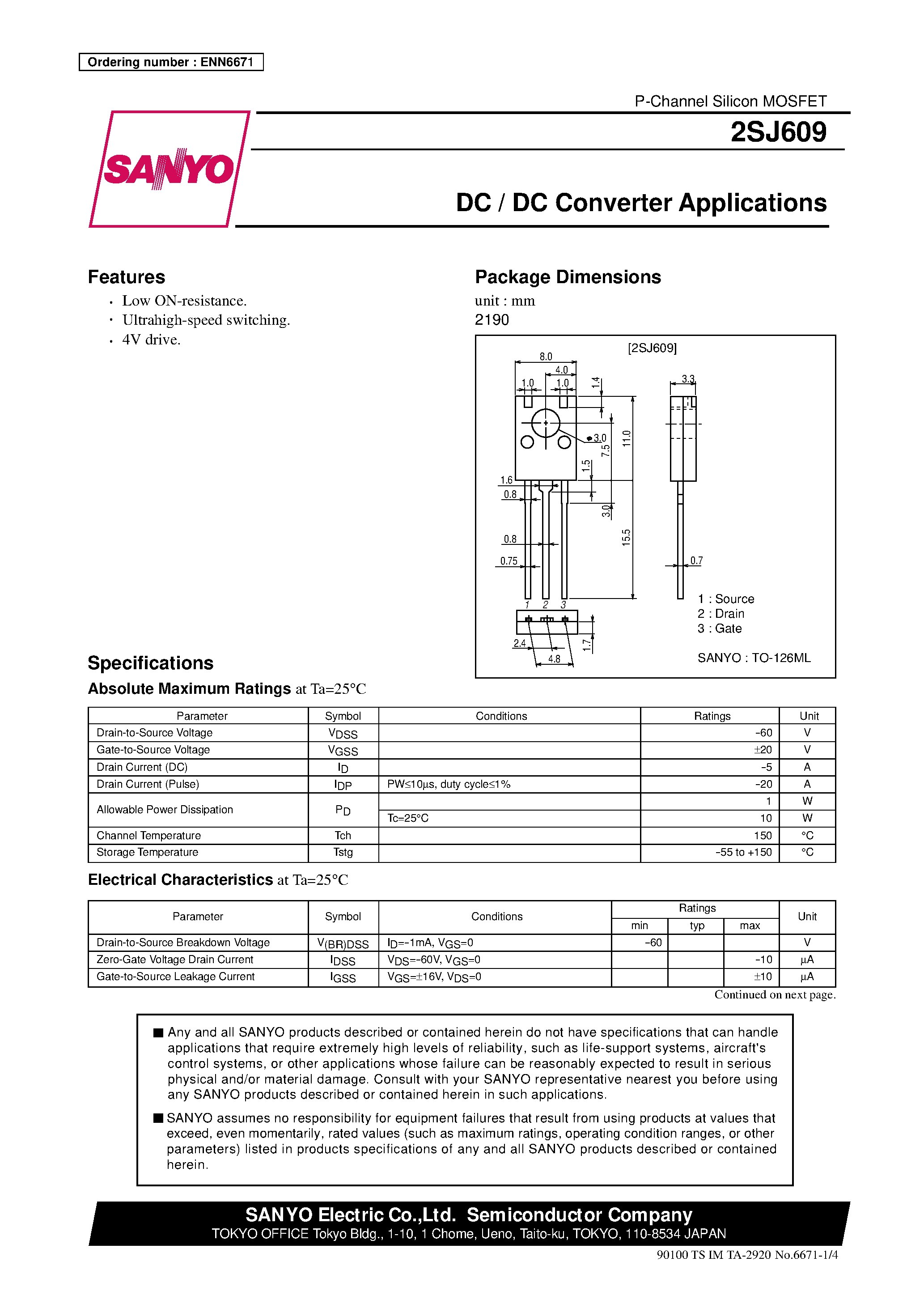 Даташит 2SJ609 - DC / DC Converter Applications страница 1