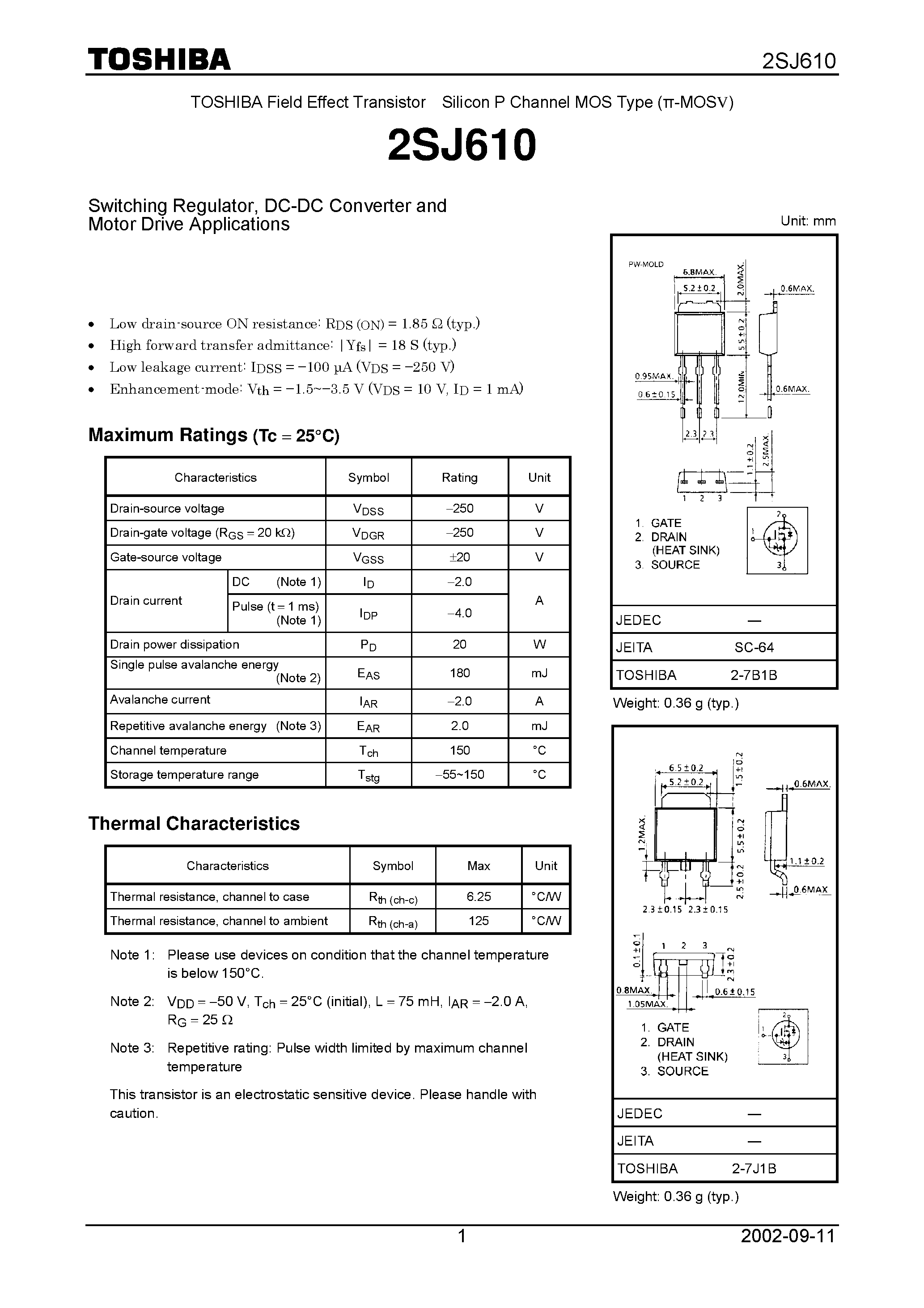 Datasheet 2SJ610 - Switching Regulator/ DC-DC Converter and Motor Drive Applications page 1