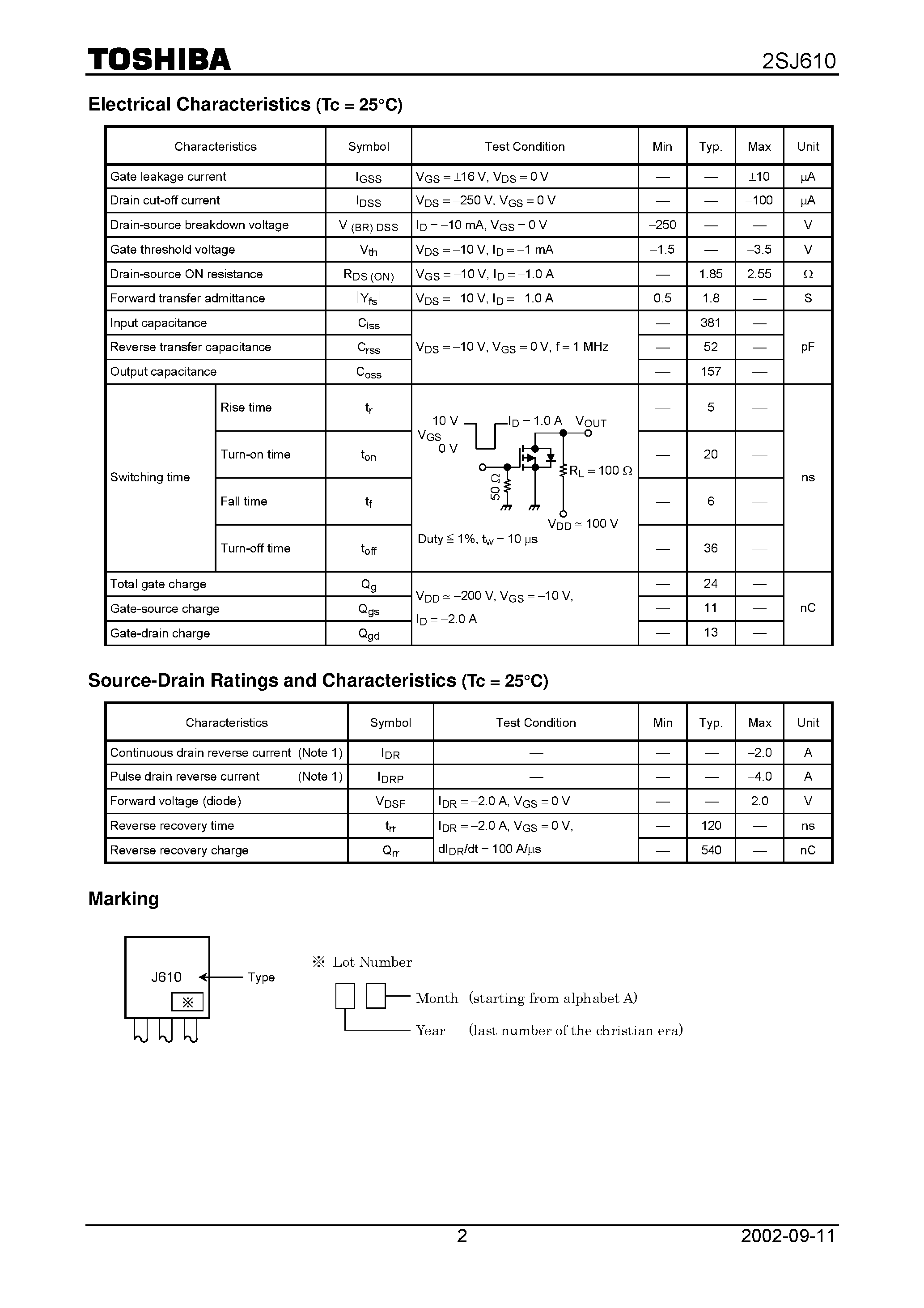 Datasheet 2SJ610 - Switching Regulator/ DC-DC Converter and Motor Drive Applications page 2