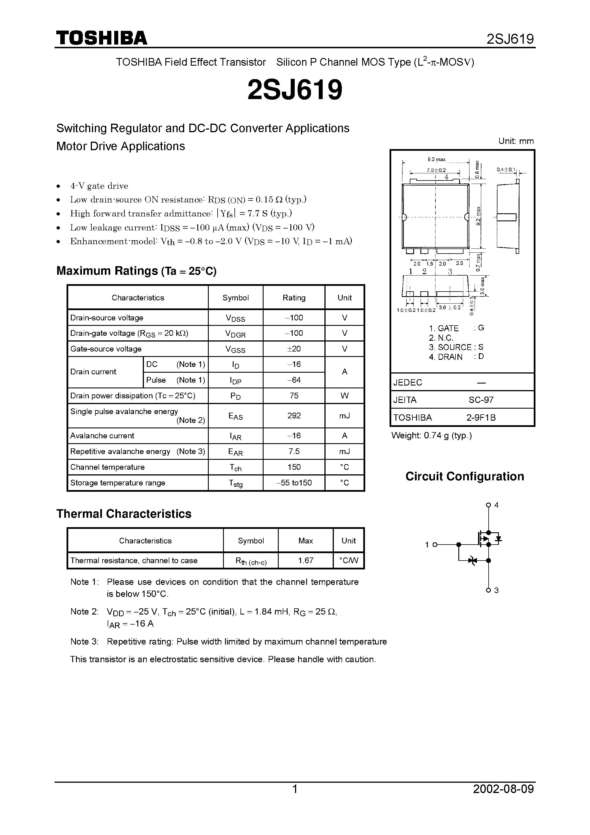 Datasheet 2SJ619 - TOSHIBA Field Effect Transistor Silicon P Channel MOS Type (L2MOSV) page 1