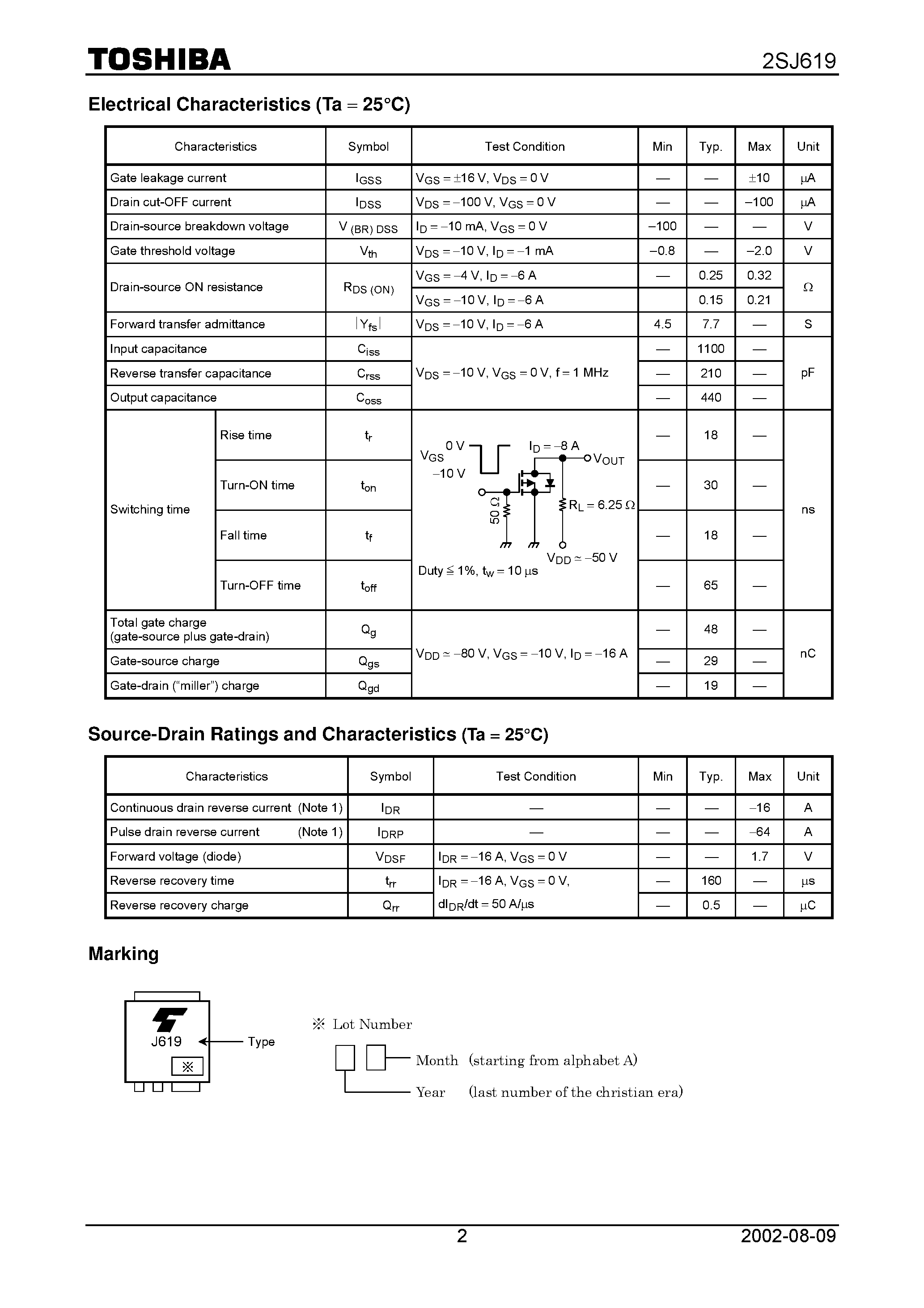 Datasheet 2SJ619 - TOSHIBA Field Effect Transistor Silicon P Channel MOS Type (L2MOSV) page 2