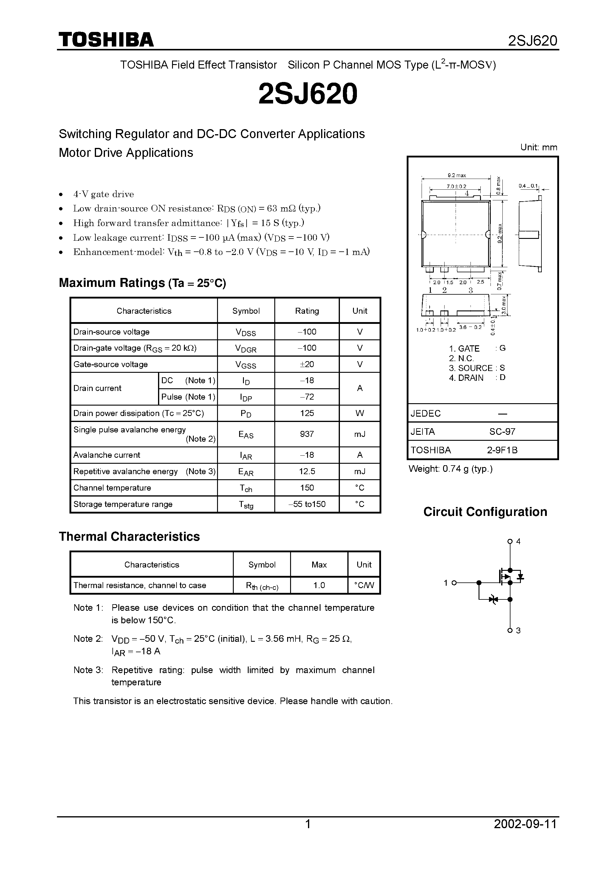 Даташит 2SJ620 - TOSHIBA Field Effect Transistor Silicon P Channel MOS Type (L2--MOSV) страница 1