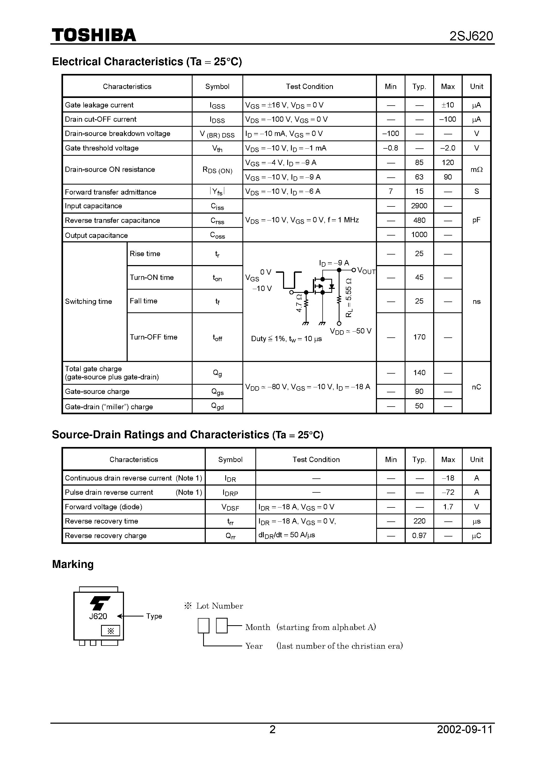 Даташит 2SJ620 - TOSHIBA Field Effect Transistor Silicon P Channel MOS Type (L2--MOSV) страница 2