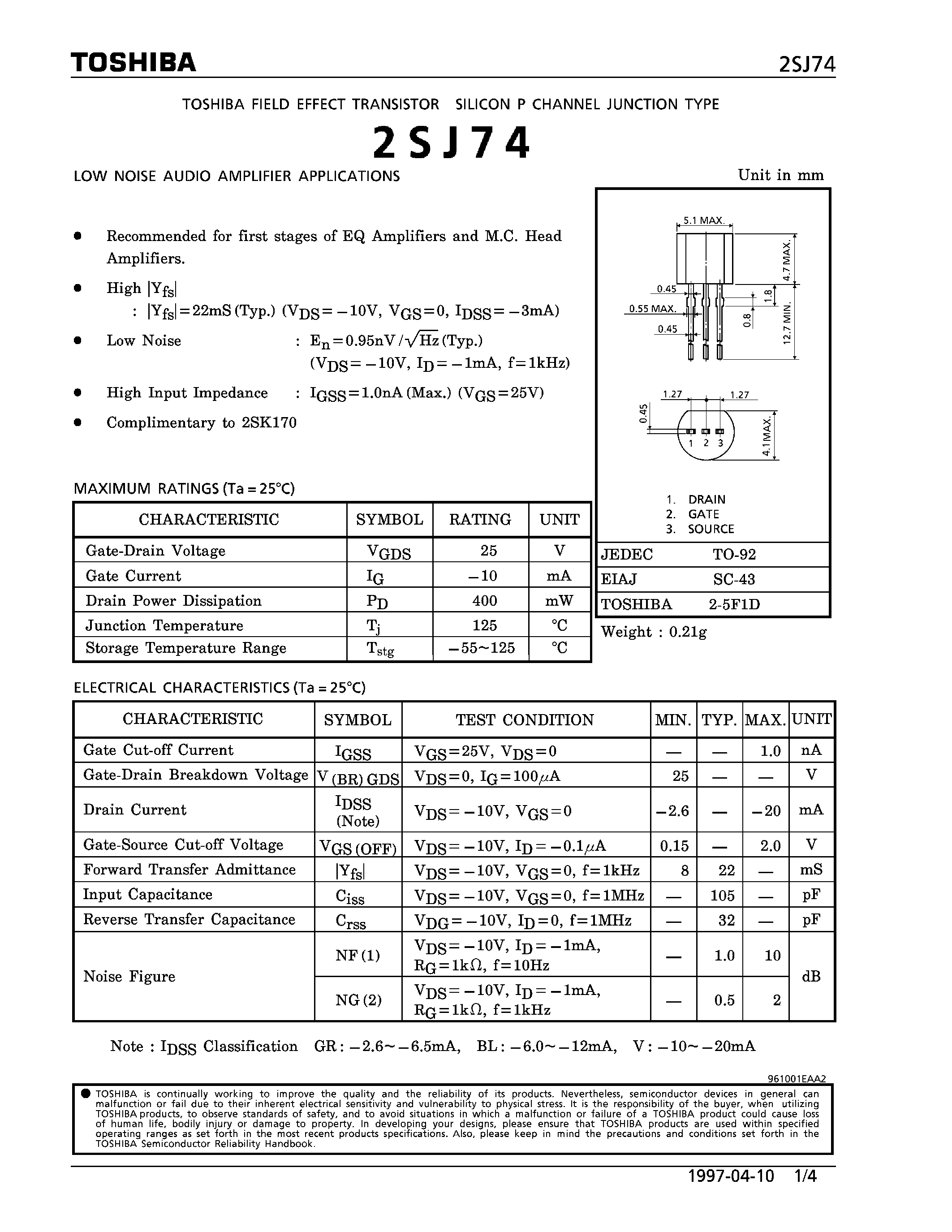 Datasheet 2SJ74 - P CHANNEL JUNCTION TYPE (LOW NOISE AUDIO AMPLIFIER APPLICATIONS) page 1