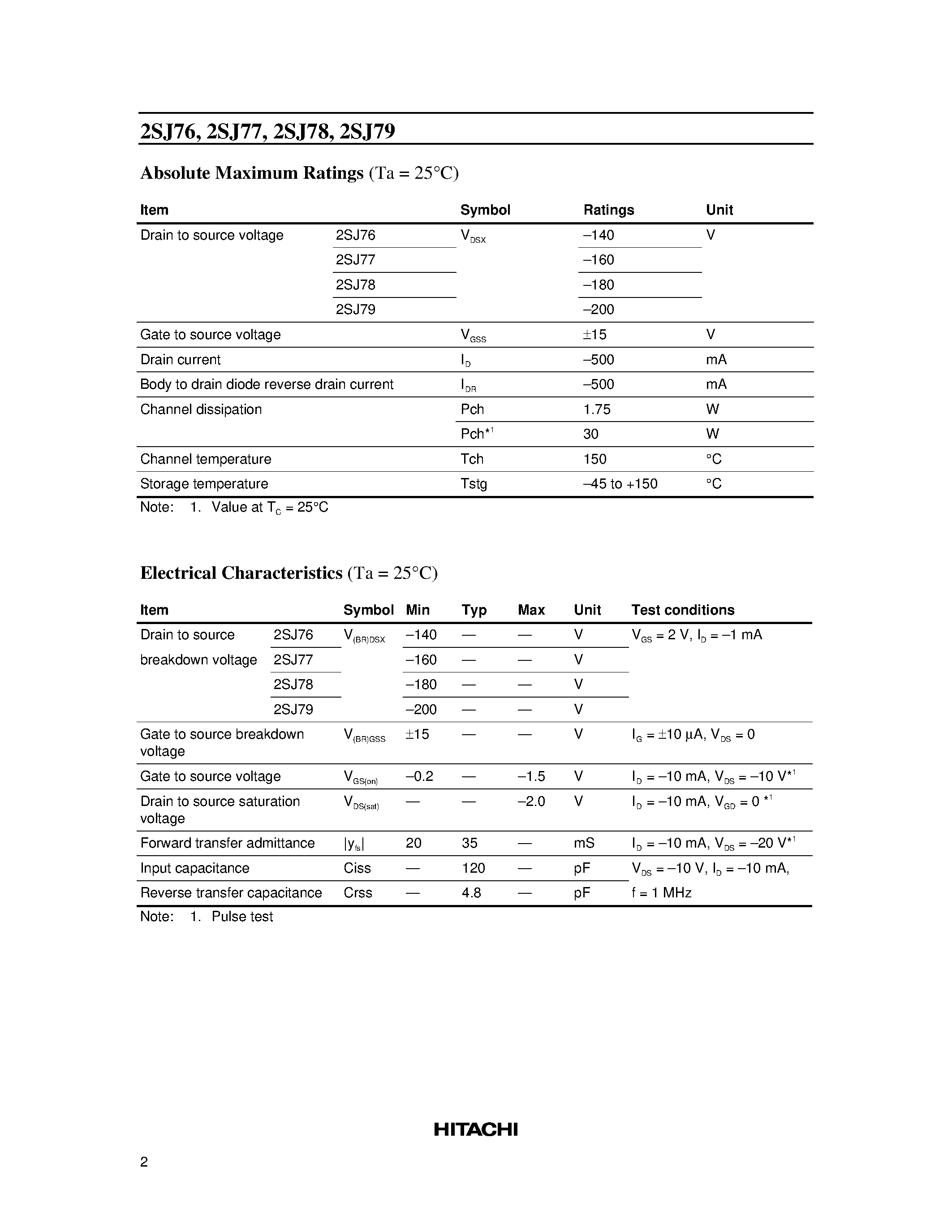 Datasheet 2SJ76 - Silicon P-Channel MOS FET page 2