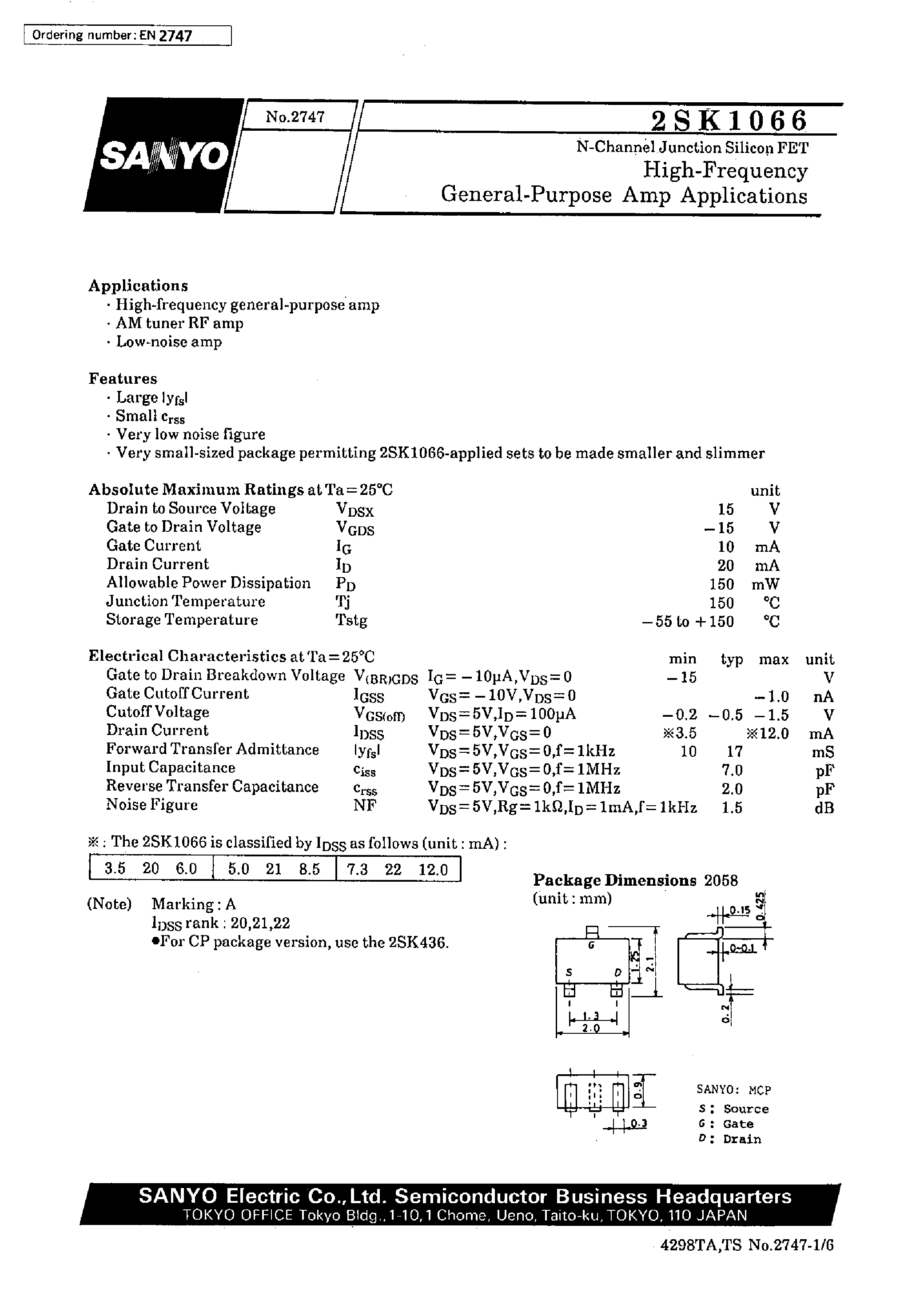 Datasheet 2SK1066 - High-Frequency General-Purpose Amp Applications page 1