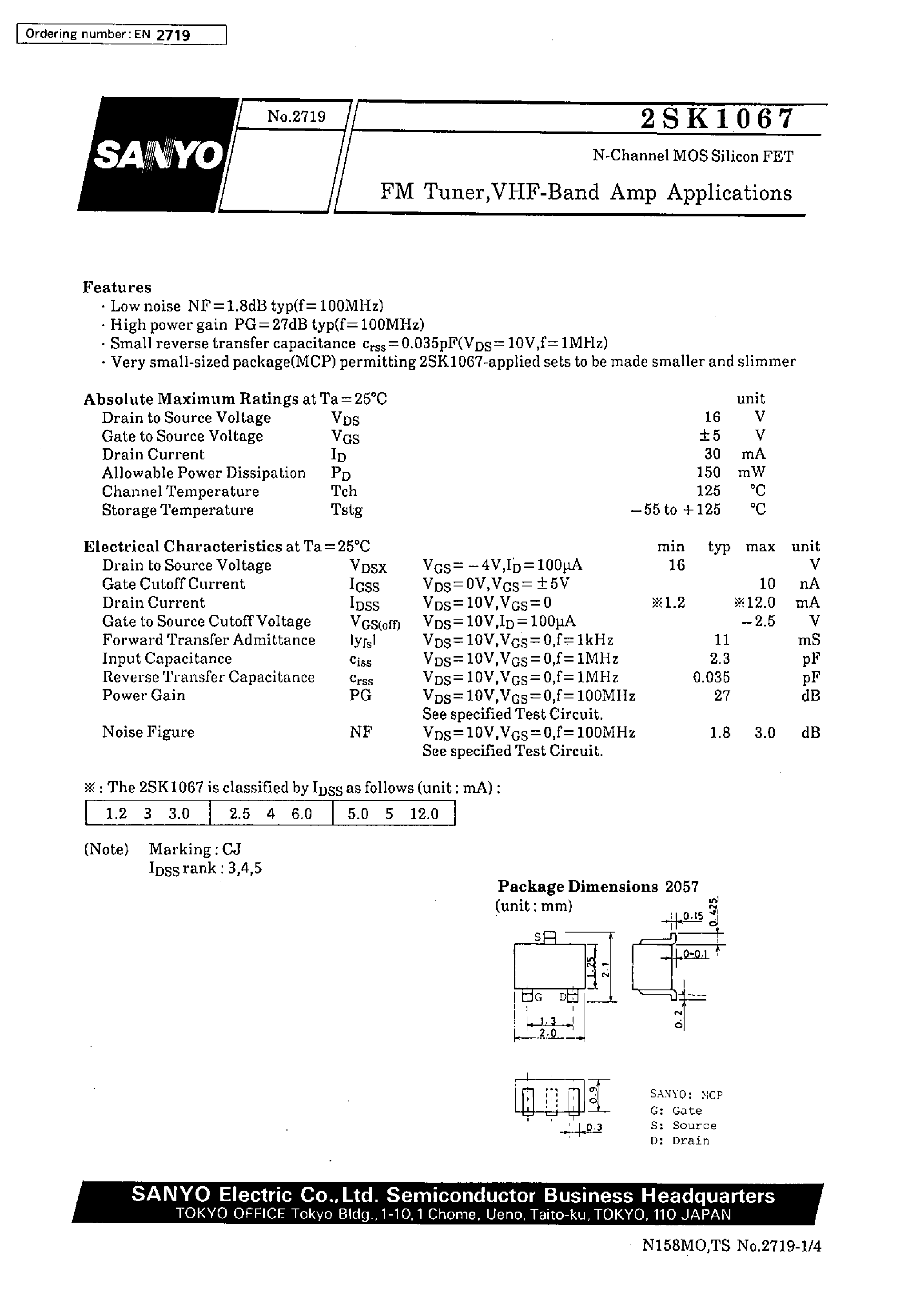 Datasheet 2SK1067 - FM Tuner/VHF-Band Amp Applications page 1