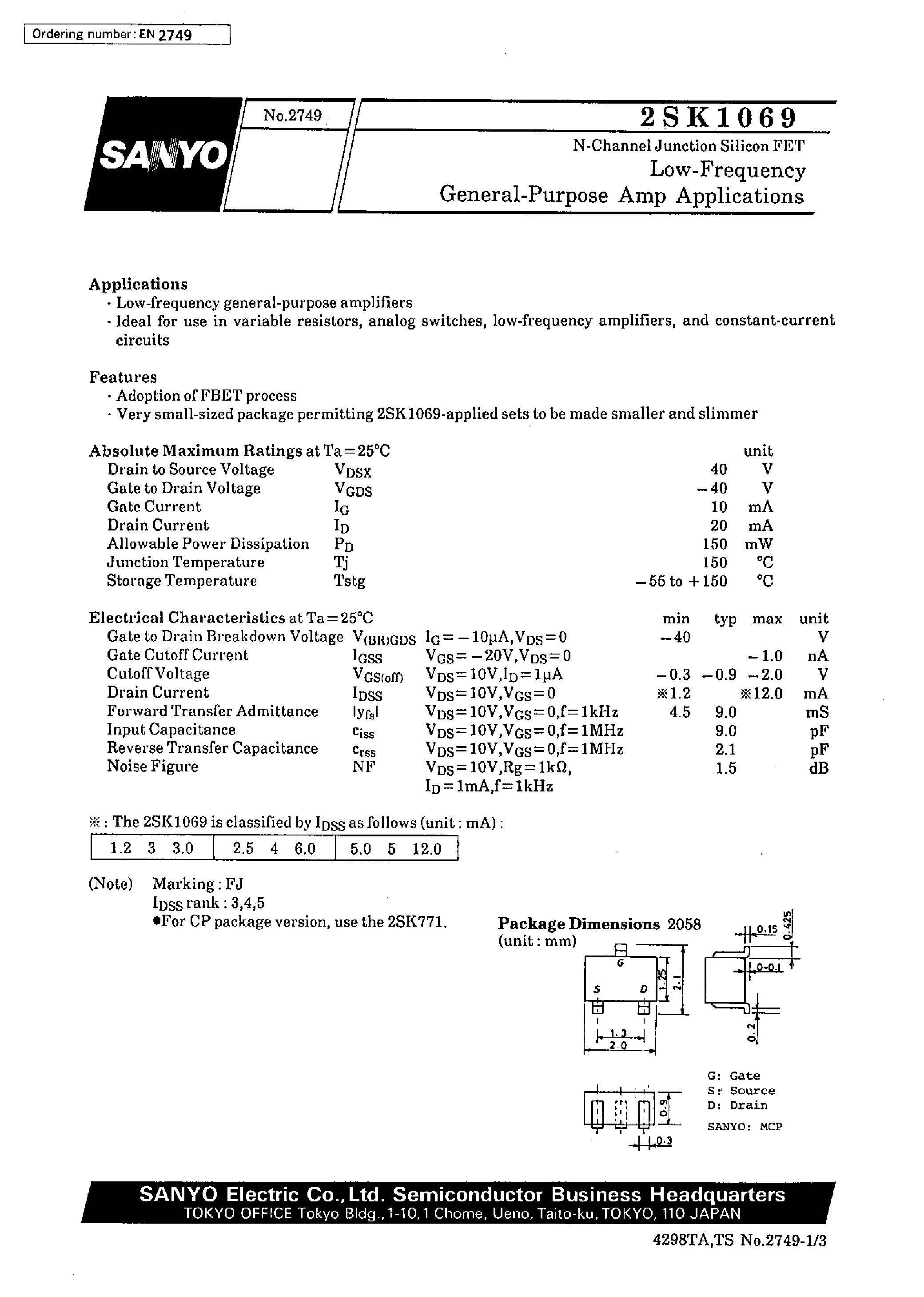 Datasheet 2SK1069 - Low-Frequency General-Purpose Amp Applications page 1