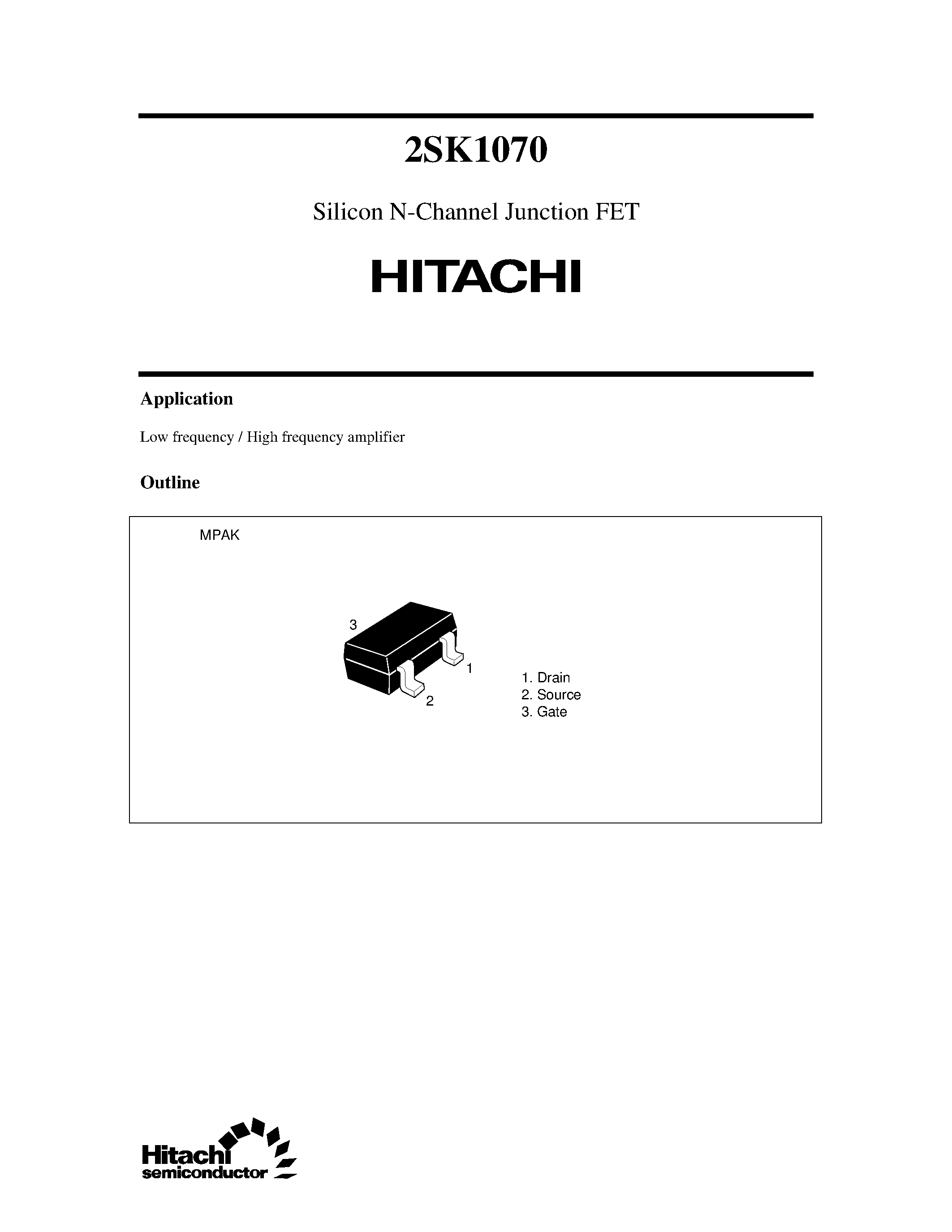 Datasheet 2SK1070 - Silicon N-Channel Junction FET page 1