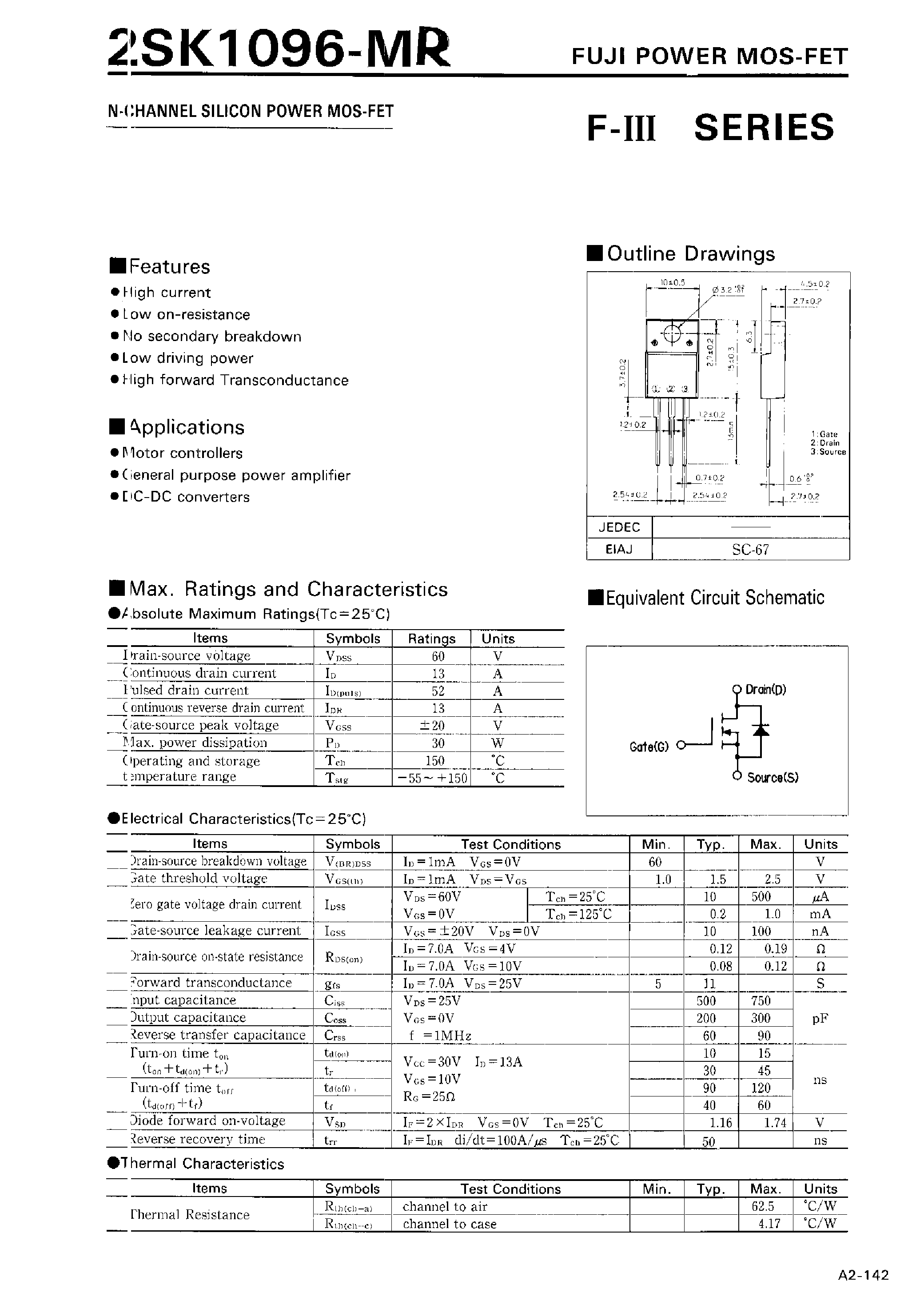 Datasheet 2SK1096-MR - N-CHANNEL SILICON POWER MOSFET page 1