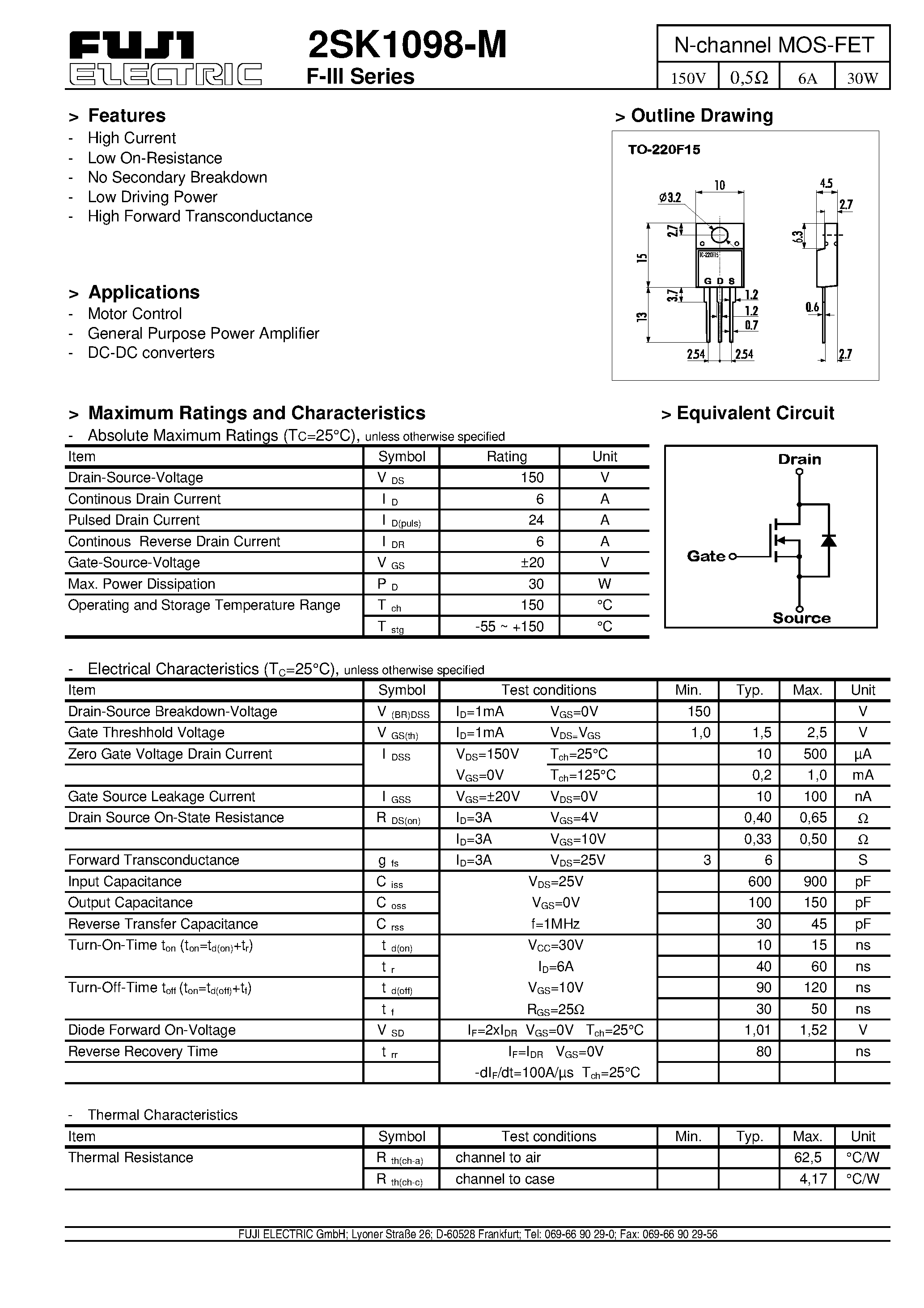 Даташит 2SK1098-M - N-channel MOS-FET страница 1