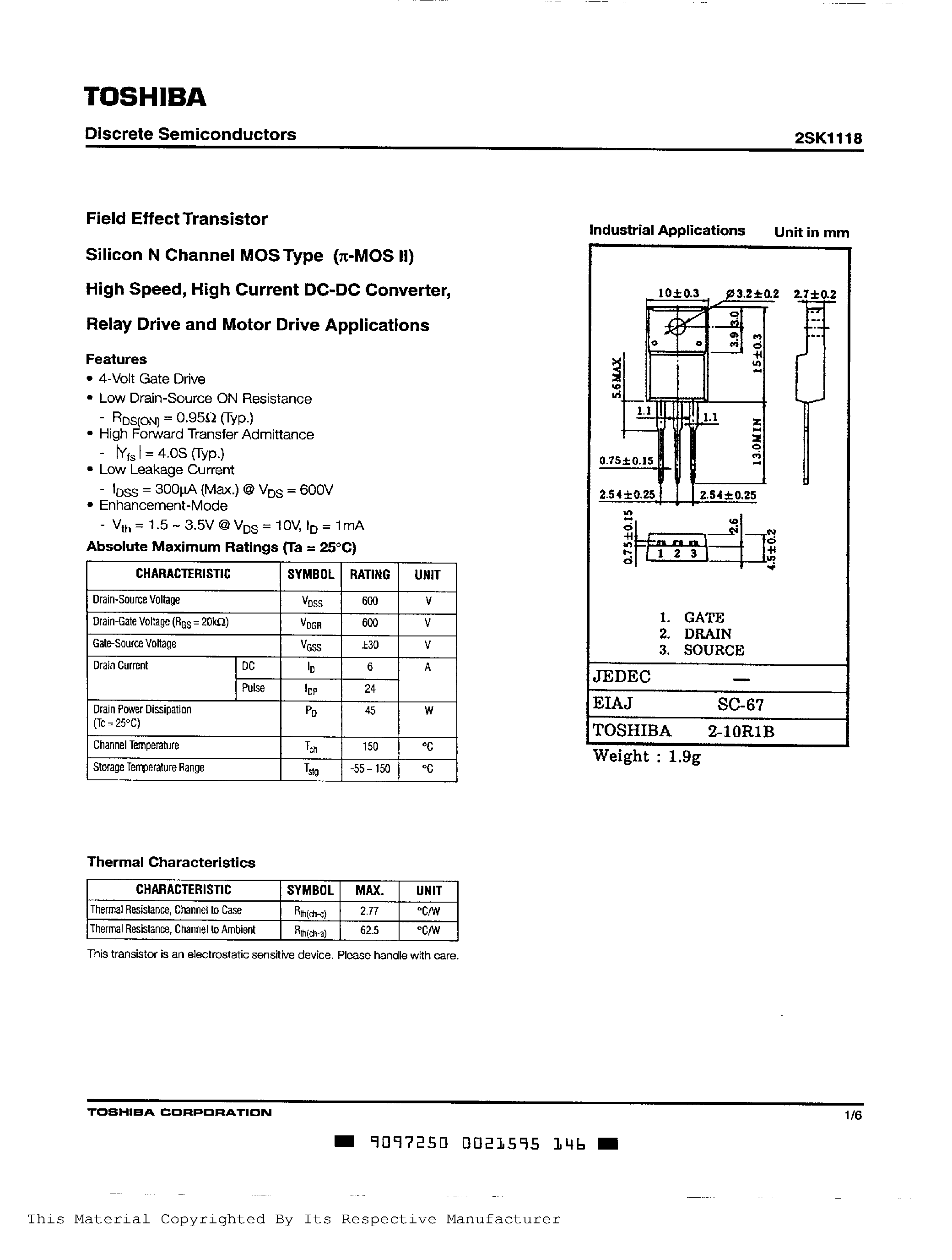 Даташит 2SK1118 - N Channel MOS Type(for High Speed/ High Current DC-DC Converter/ Relay Drive and Motor Diver) страница 1