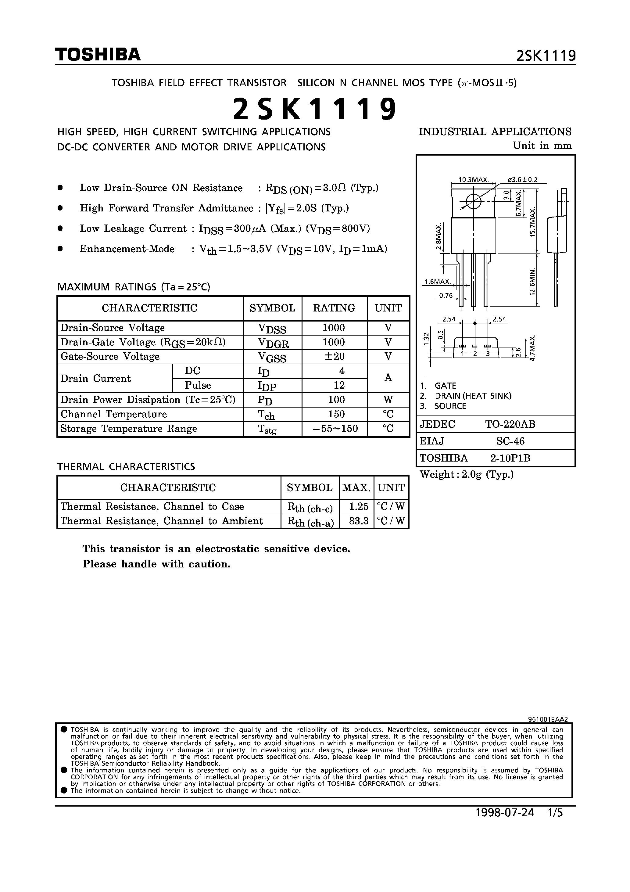 Даташит 2SK1119 - N CHANNEL MOS TYPE (HIGH SPEED/ HIGH CURRENT SWITCHING/ DC-DC CONVERTER AND MOTOR DRIVE APPLICATIONS) страница 1