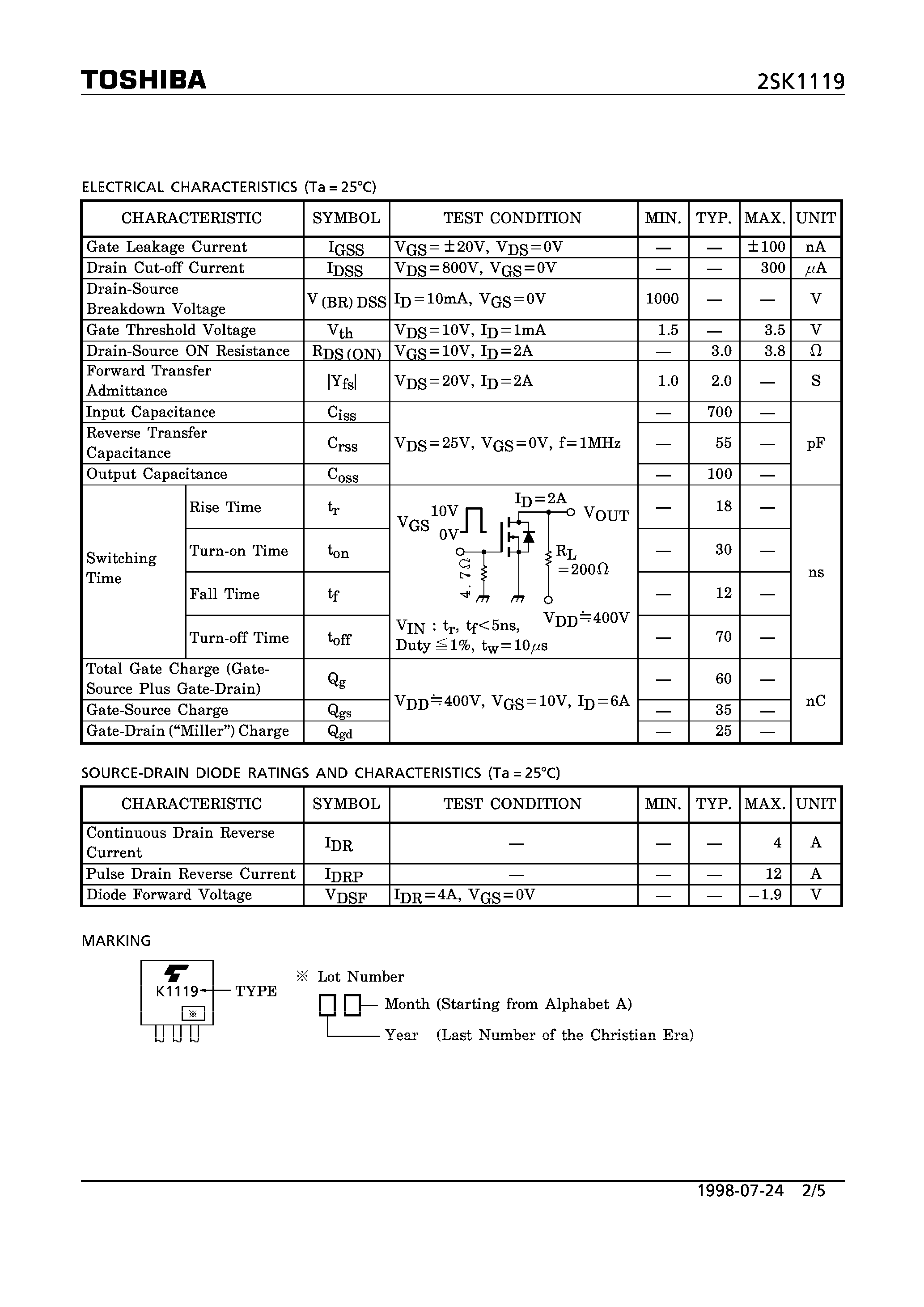 Даташит 2SK1119 - N CHANNEL MOS TYPE (HIGH SPEED/ HIGH CURRENT SWITCHING/ DC-DC CONVERTER AND MOTOR DRIVE APPLICATIONS) страница 2