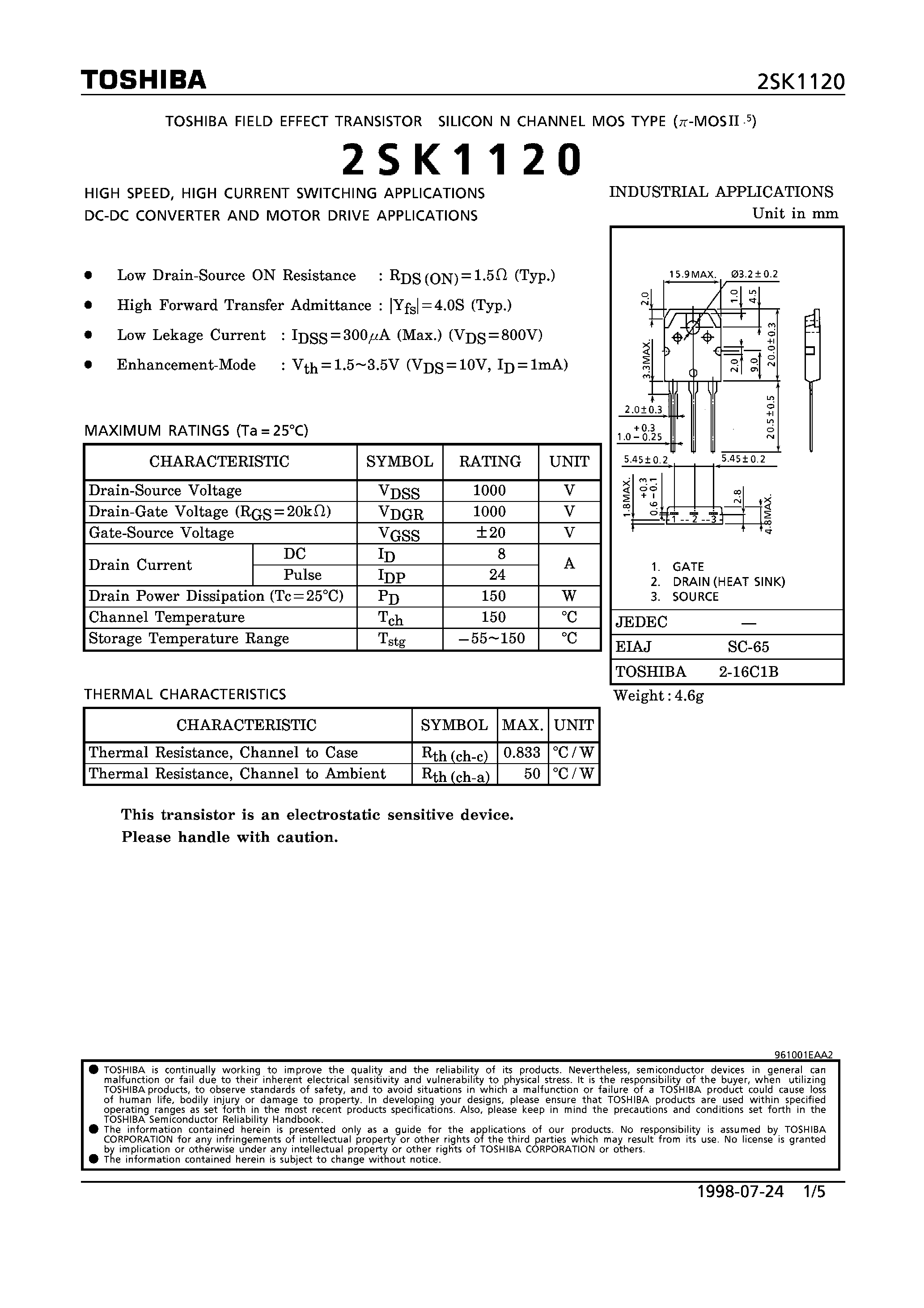 Даташит 2SK1120 - N CHANNEL MOS TYPE (HIGH SPEED/ HIGH CURRENT SWITCHING/ DC-DC CONVERTER AND MOTOR DRIVE APPLICATIONS) страница 1