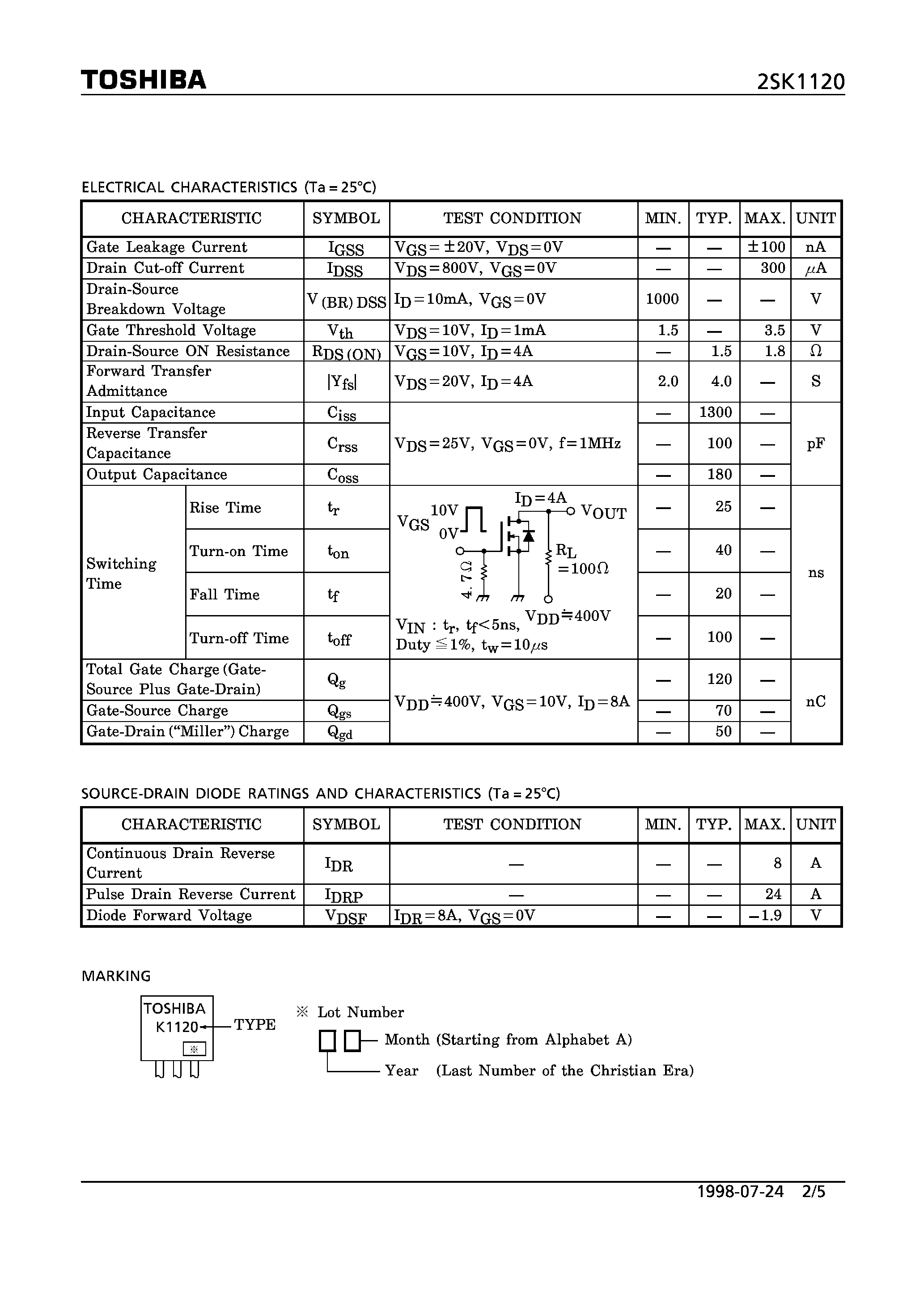 Даташит 2SK1120 - N CHANNEL MOS TYPE (HIGH SPEED/ HIGH CURRENT SWITCHING/ DC-DC CONVERTER AND MOTOR DRIVE APPLICATIONS) страница 2