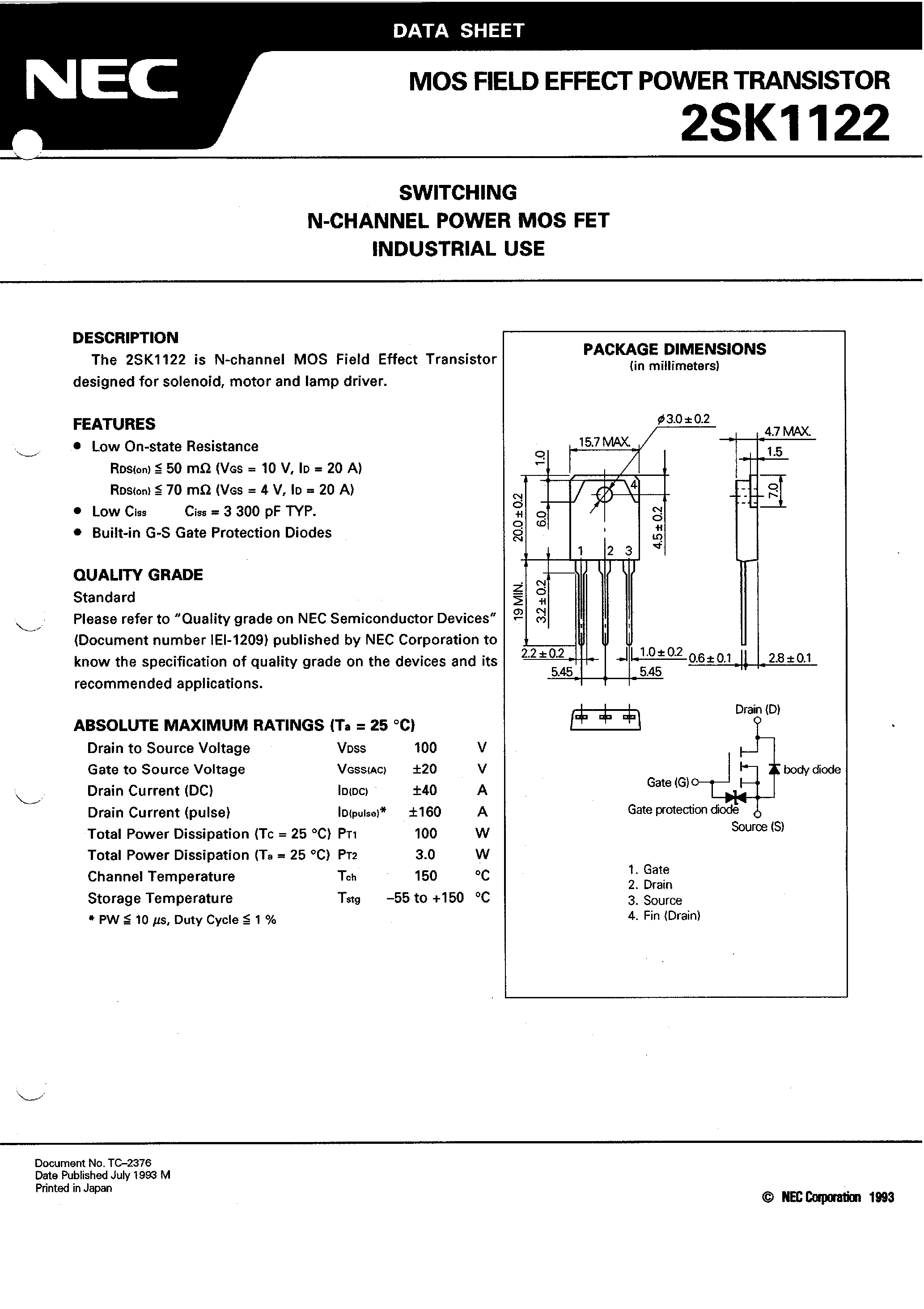 Даташит 2SK1122 - SWITCHING N-CHANNEL POWER MOS FET INDUSTRIAL USE страница 1