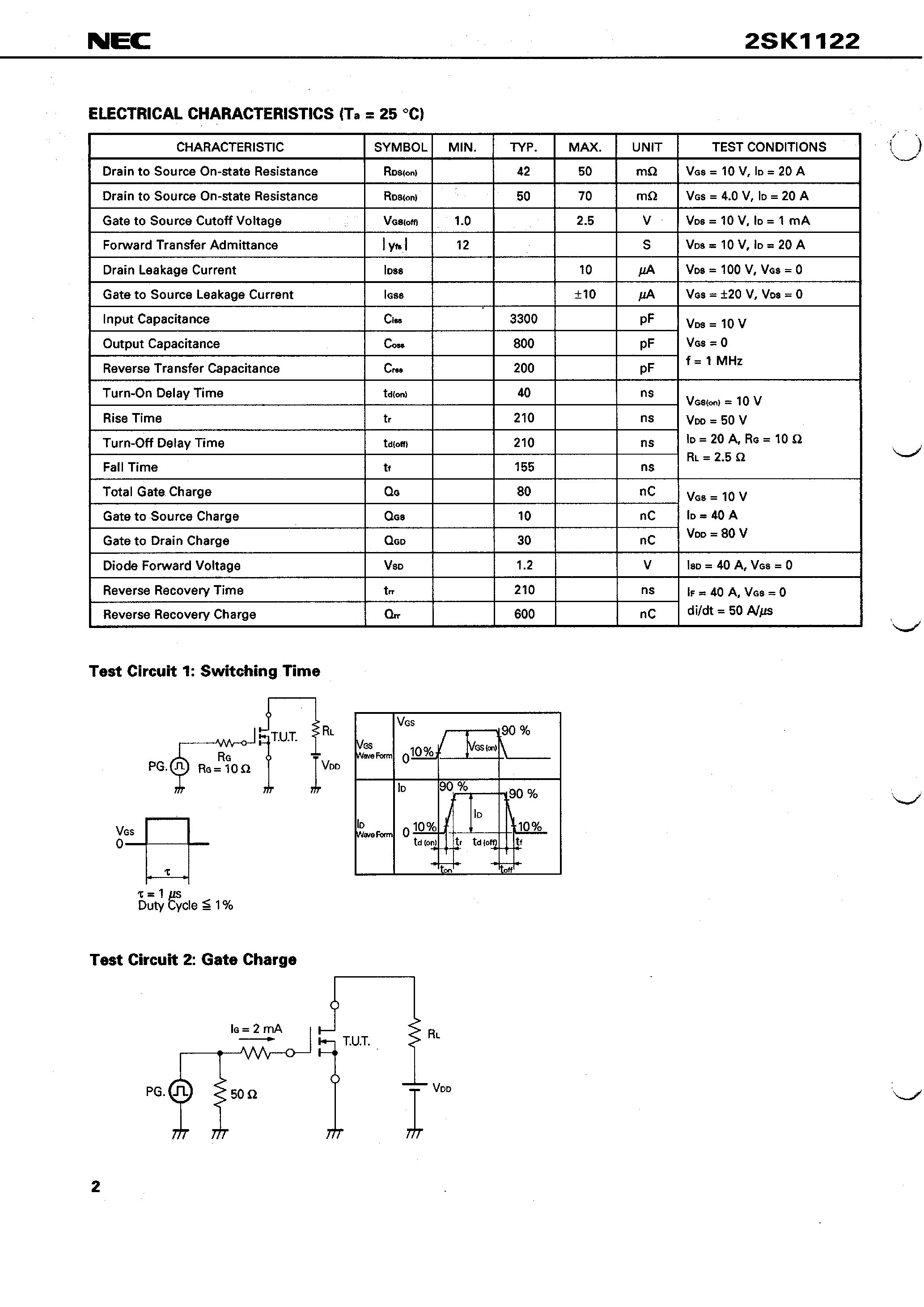 Даташит 2SK1122 - SWITCHING N-CHANNEL POWER MOS FET INDUSTRIAL USE страница 2