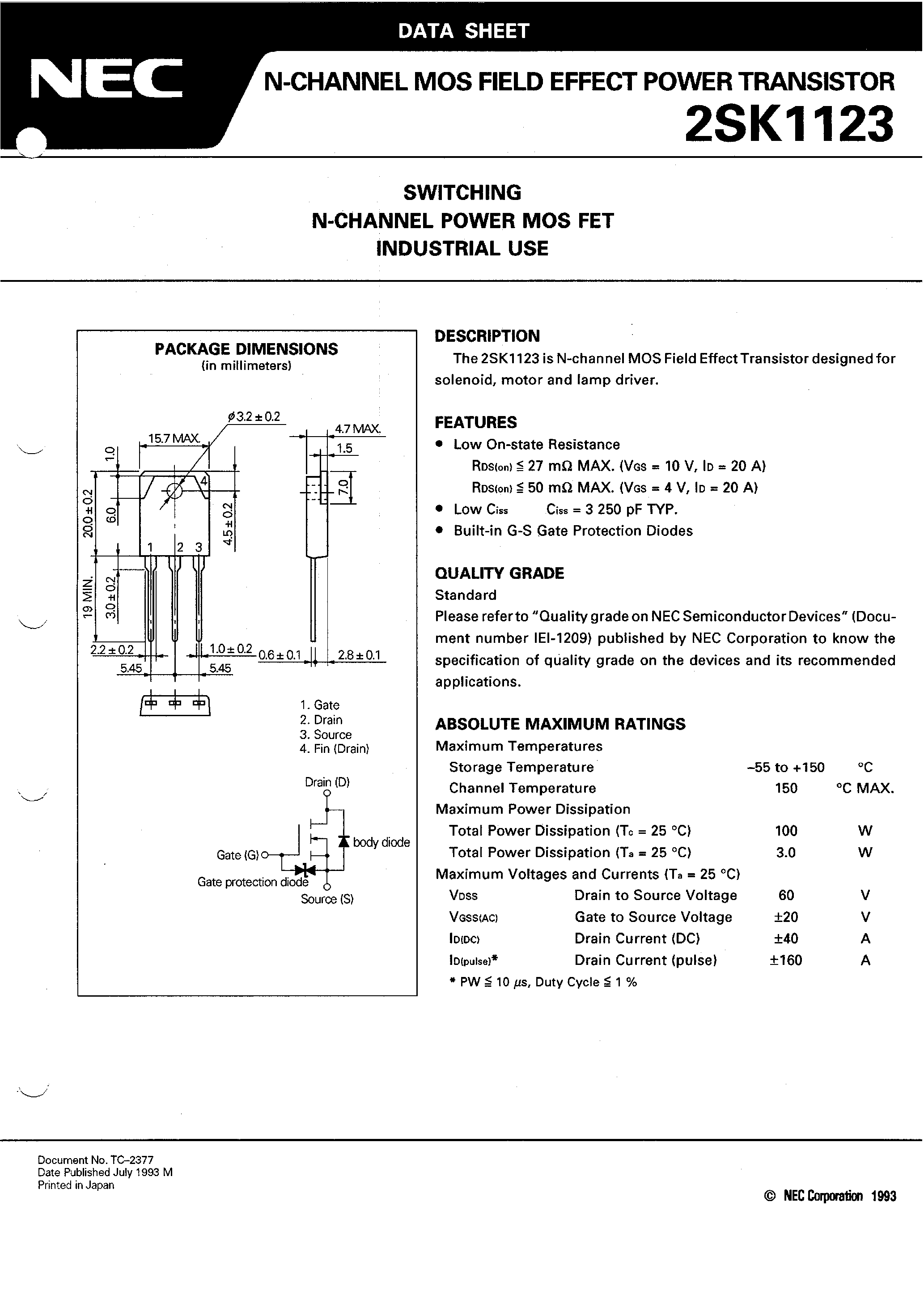 Даташит 2SK1123 - SWITCHING N-CHANNEL POWER MOS FET INDUSTRIAL USE страница 1