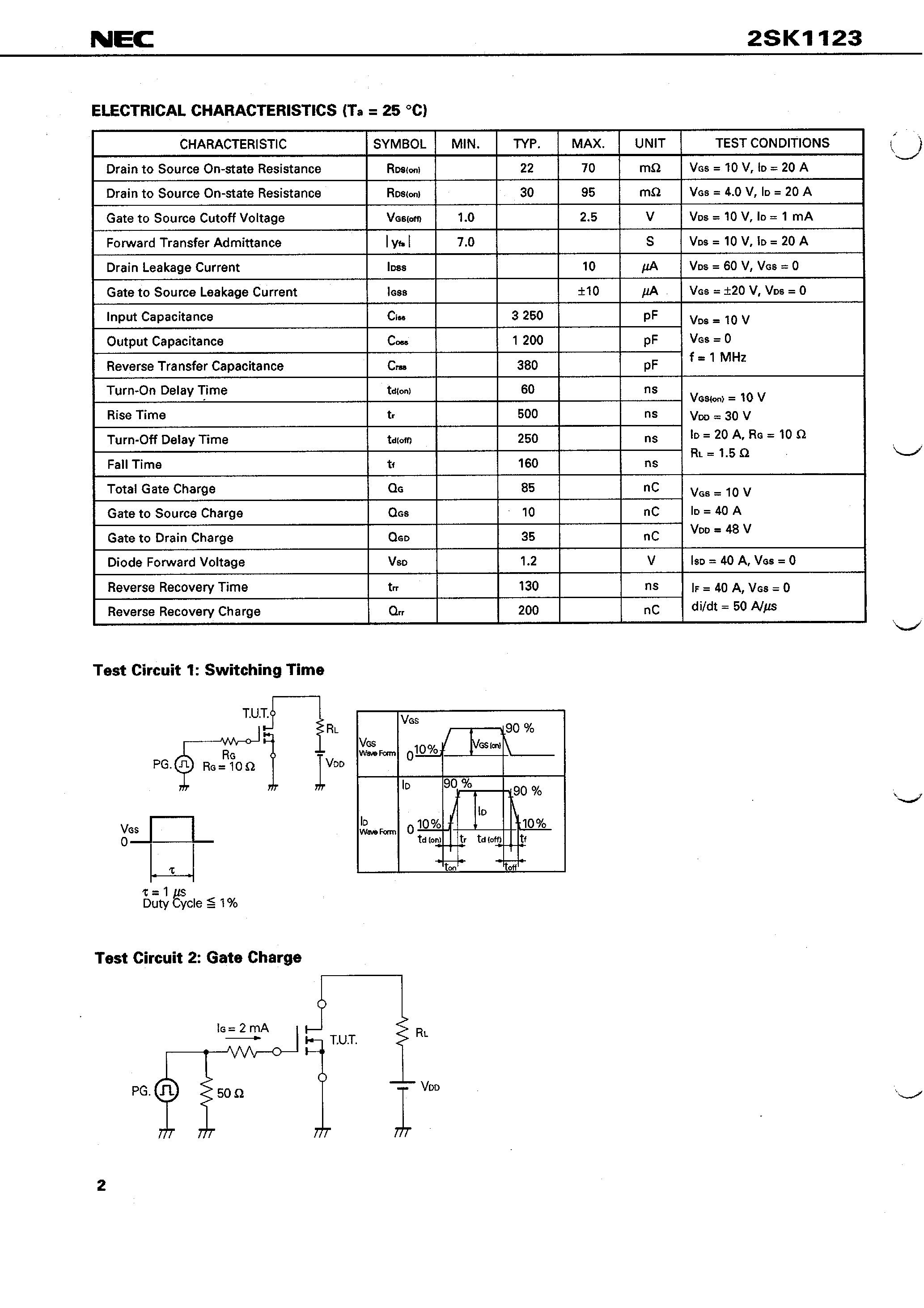 Даташит 2SK1123 - SWITCHING N-CHANNEL POWER MOS FET INDUSTRIAL USE страница 2