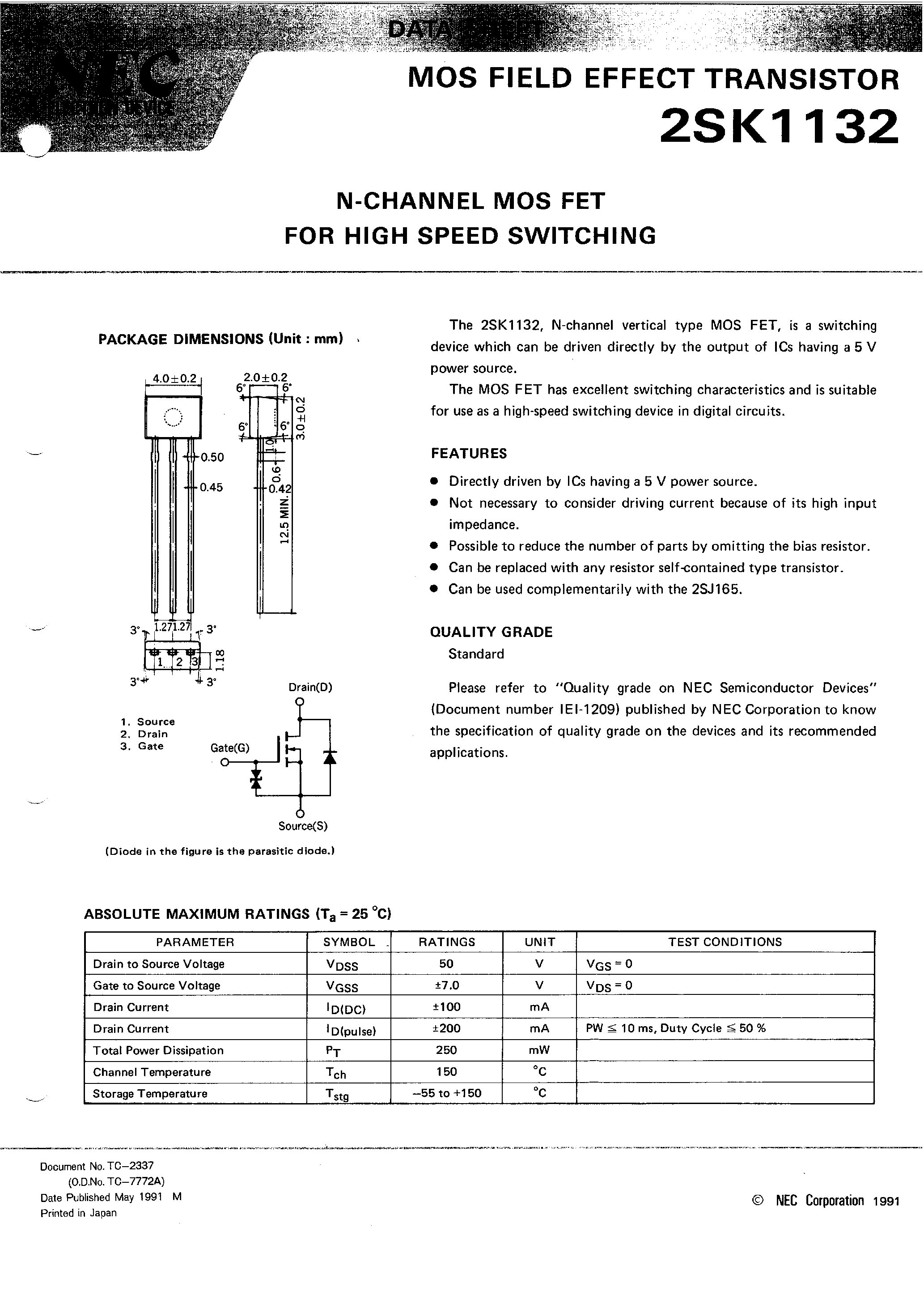 Даташит 2SK1132 - N-CHANNEL MOS FET FOR HIGH SPEED SWITCHING страница 1