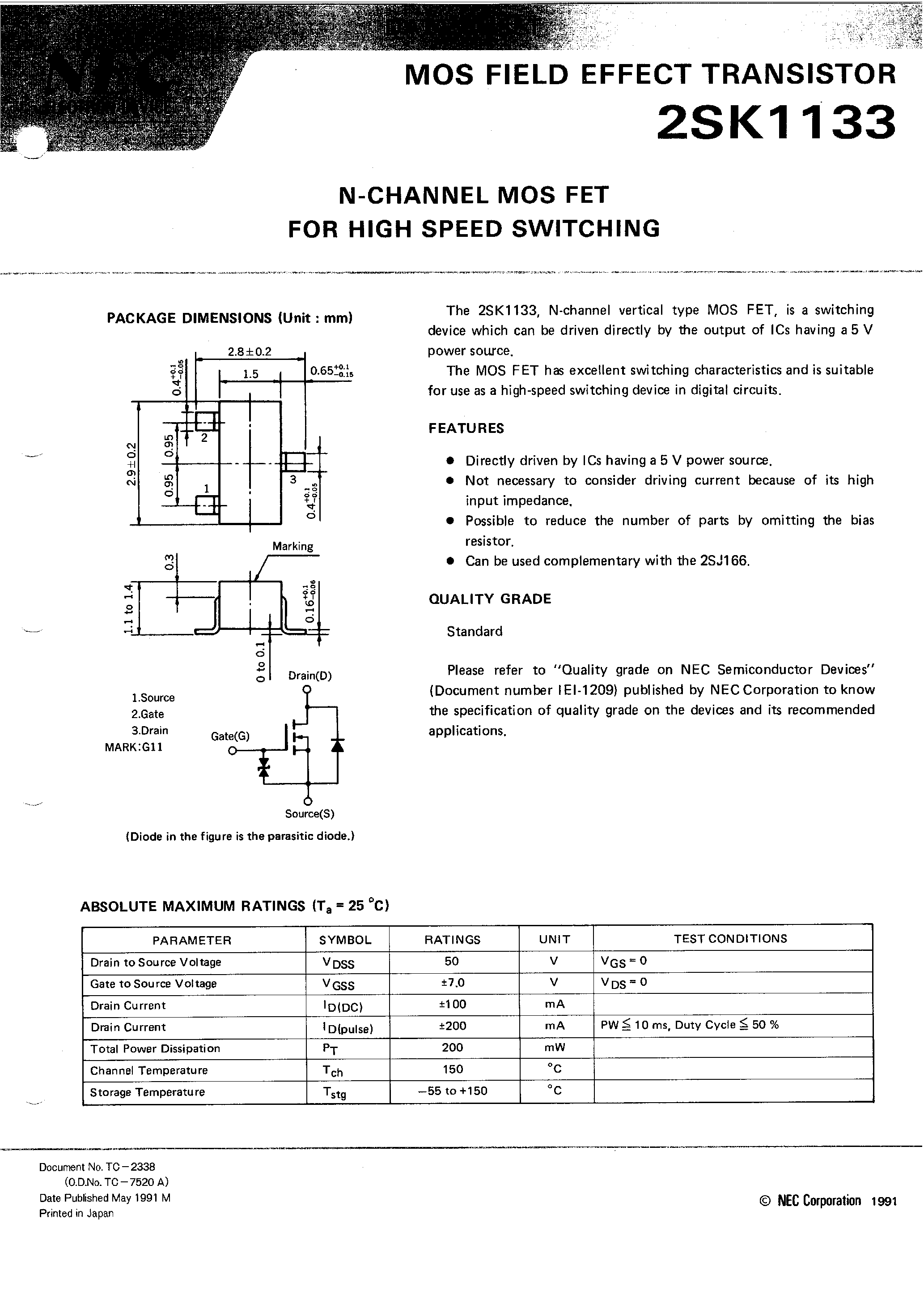 Даташит 2SK1133 - N-CHANNEL MOS FET FOR HIGH SPEED SWITCHING страница 1