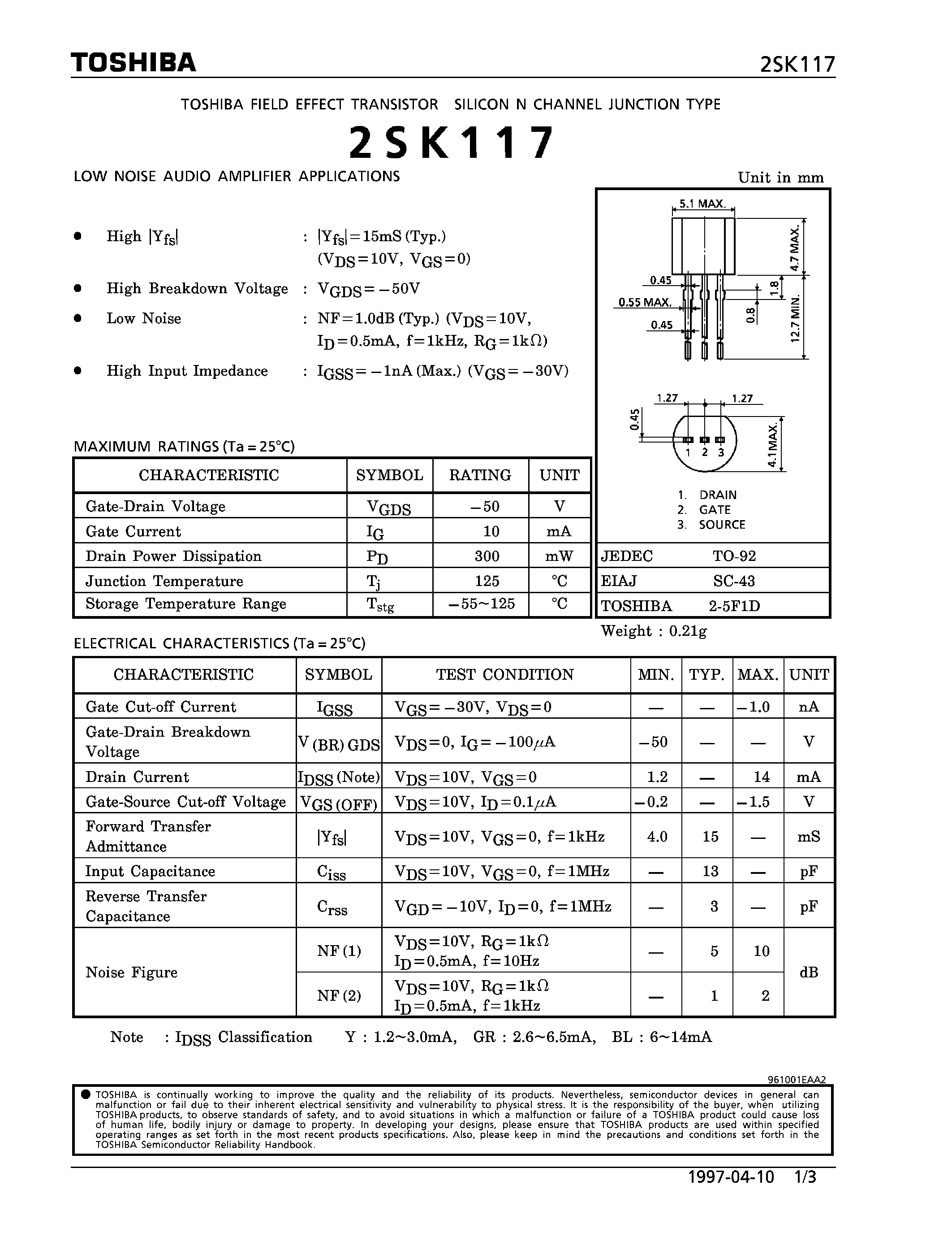 Datasheet 2SK117 - N CHANNEL JUNCTIONS TYPE (LOW NOISE AUDIO AMPLIFIER APPLICATIONS) page 1