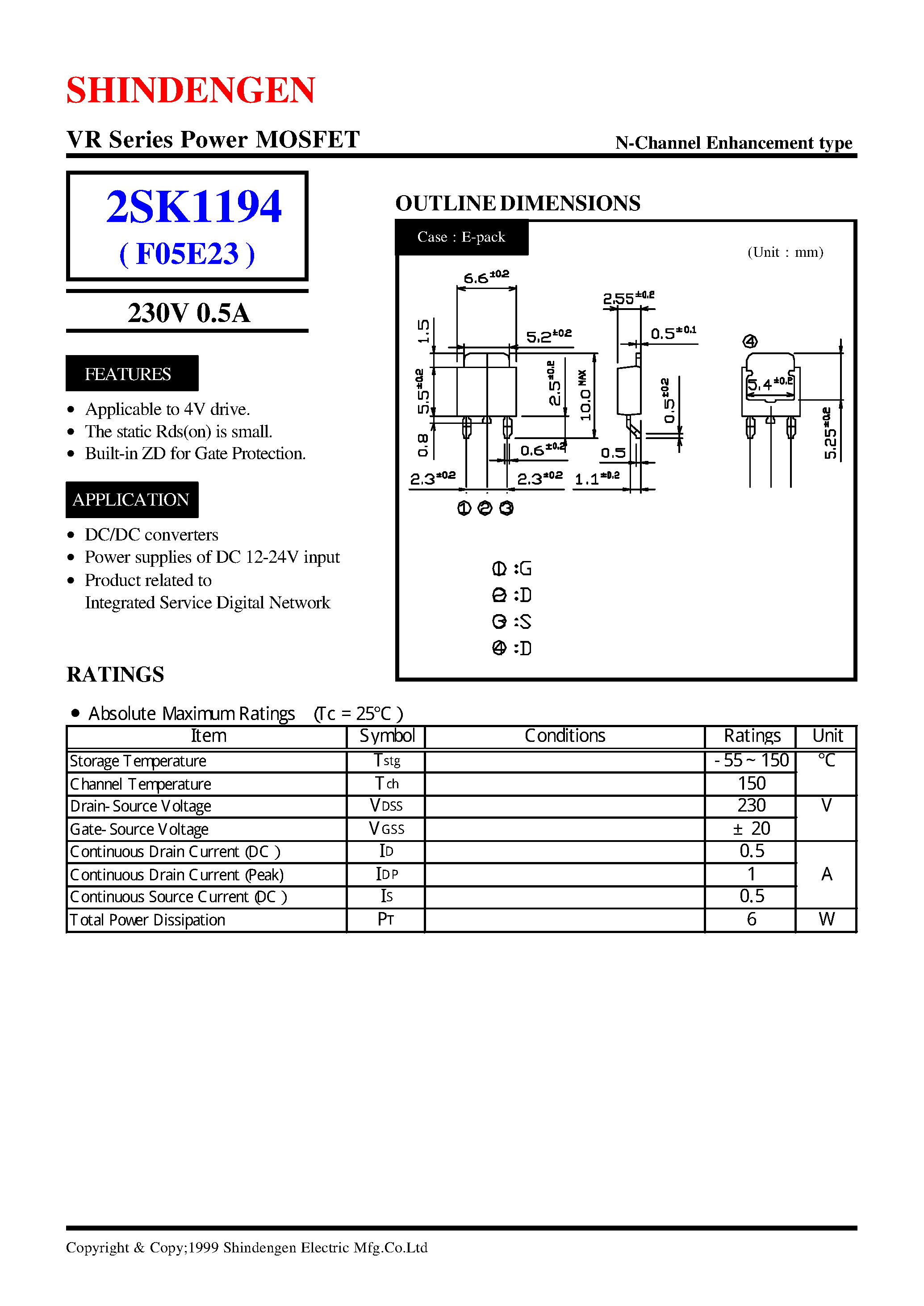 Datasheet 2SK1194 - VR Series Power MOSFET(230V 0.5A) page 1