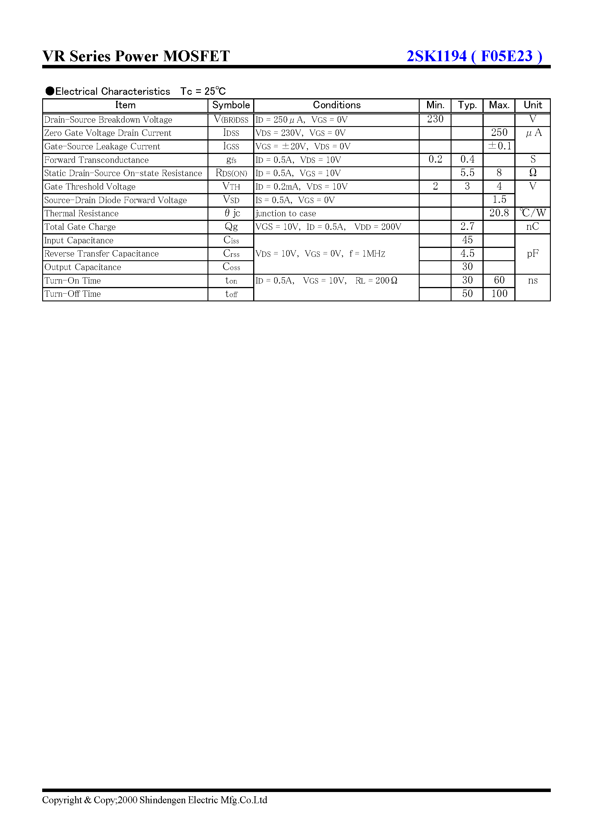 Datasheet 2SK1194 - VR Series Power MOSFET(230V 0.5A) page 2