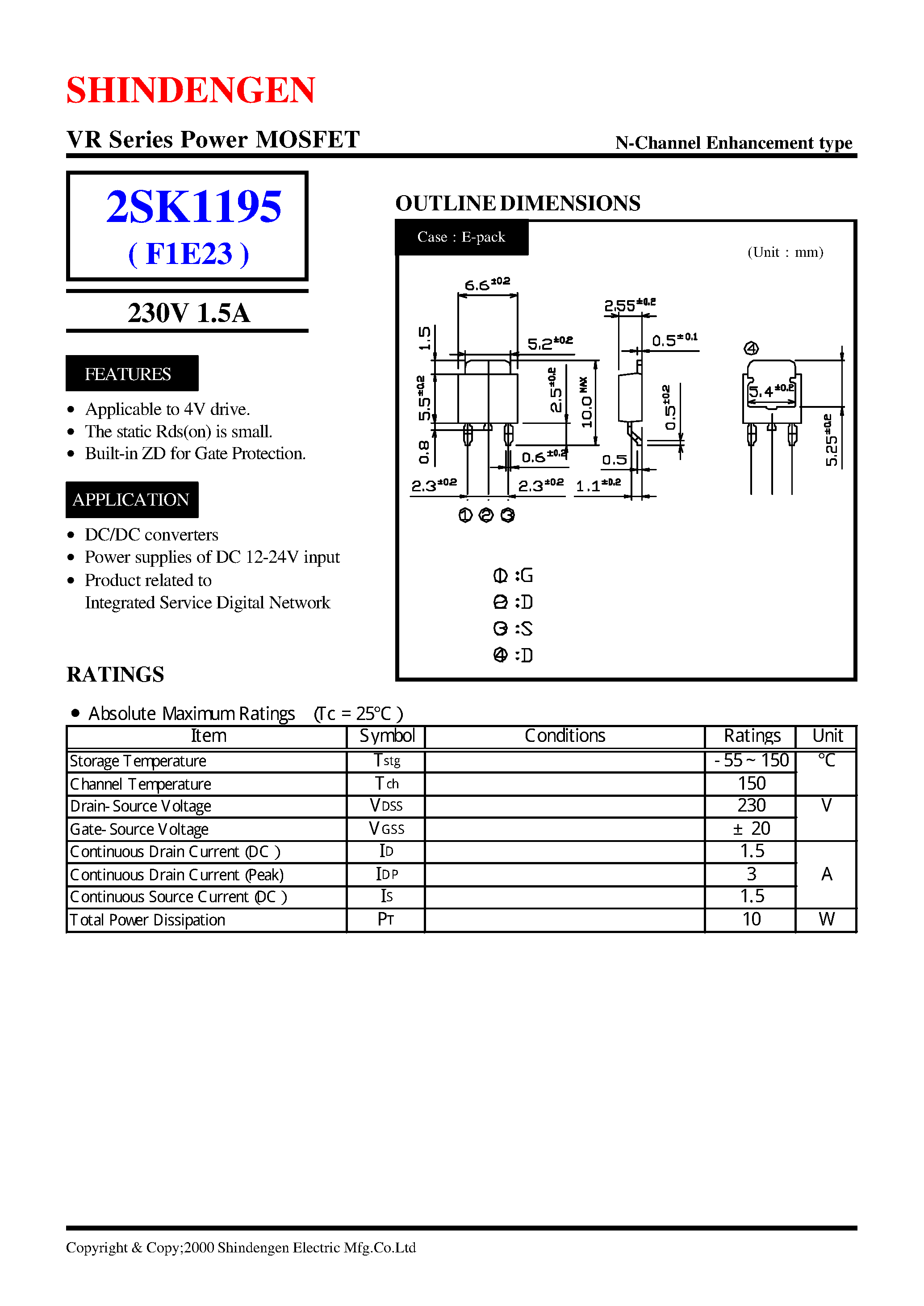 Datasheet 2SK1195 - VR Series Power MOSFET(230V 1.5A) page 1