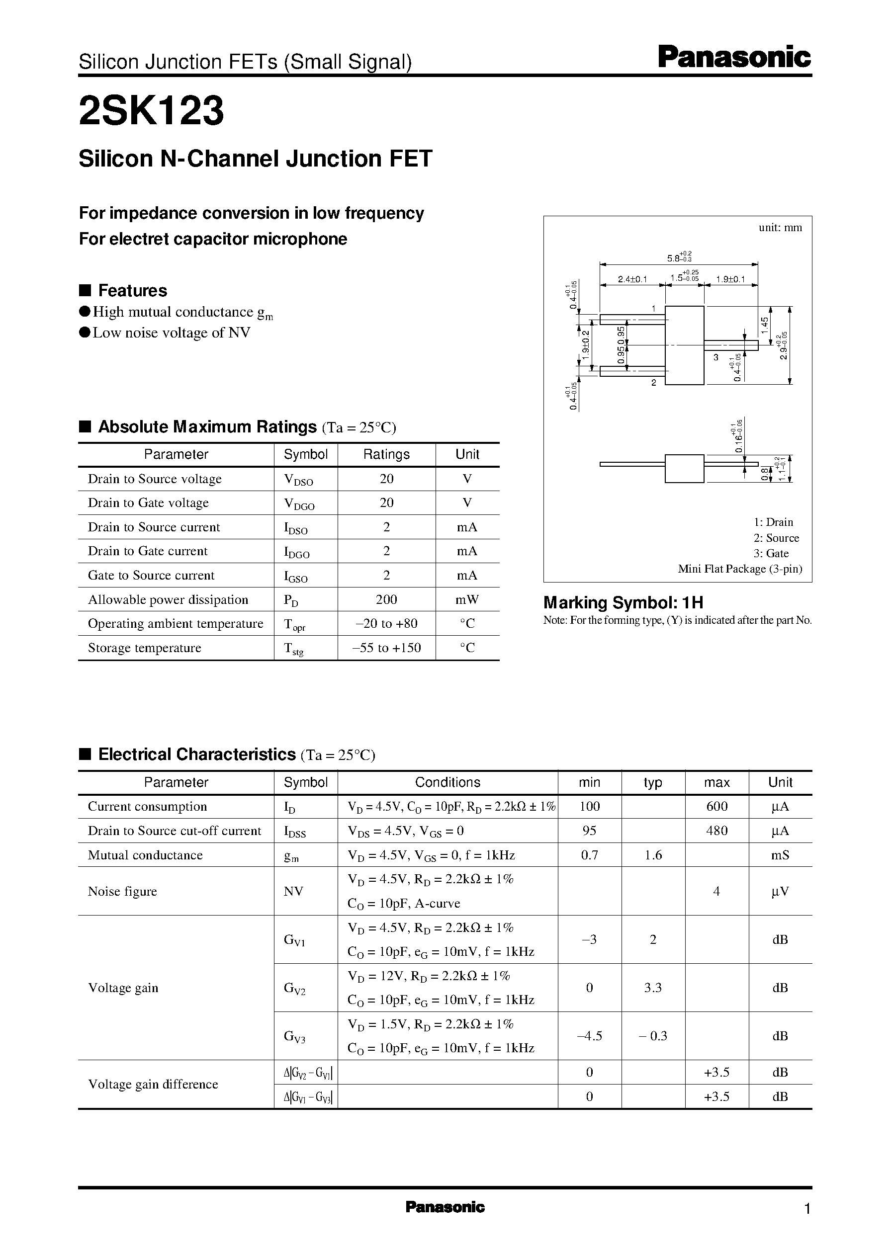 Datasheet 2SK123 - Silicon N-Channel Junction FET page 1