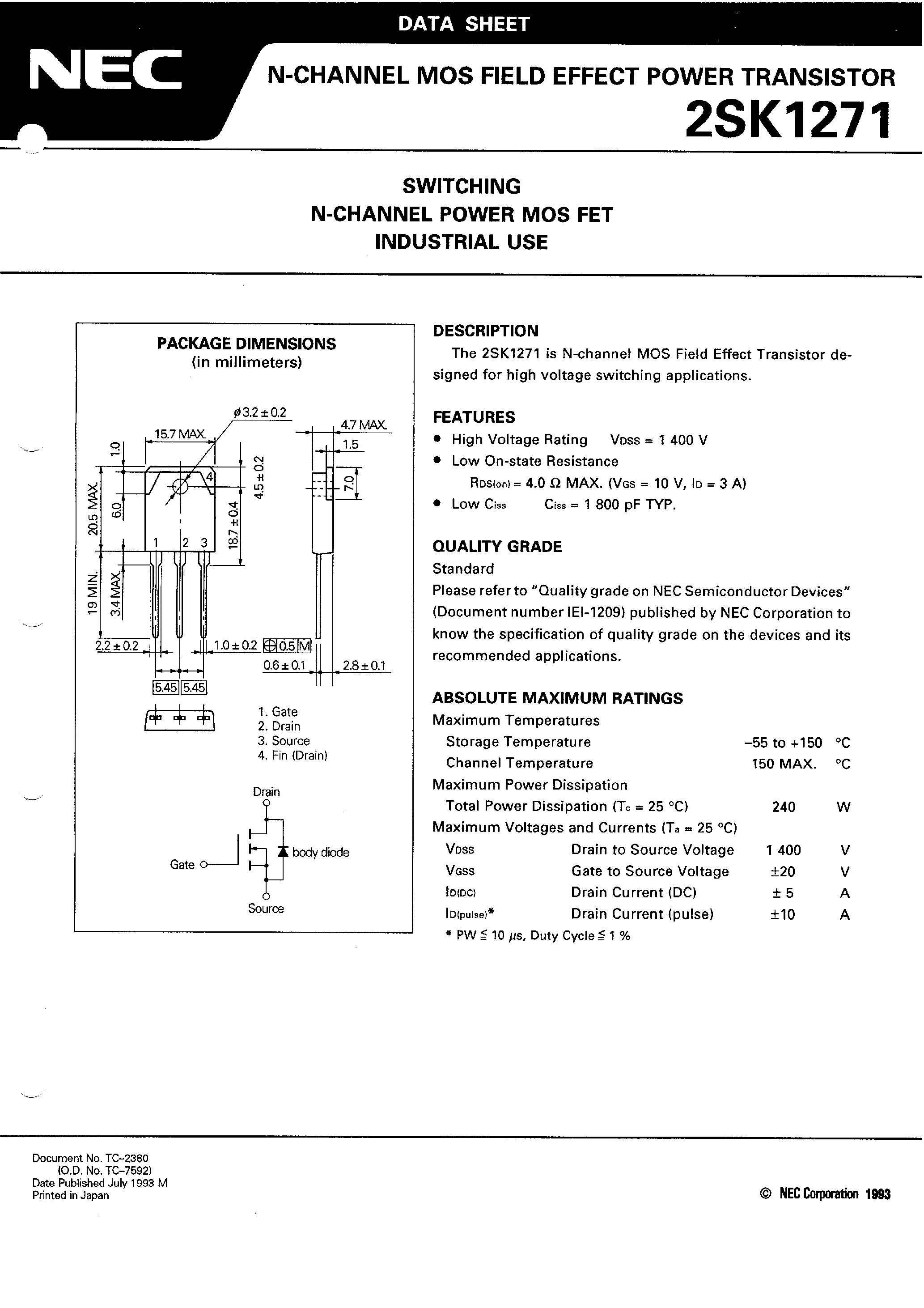 Datasheet 2SK1271 - N CHANNEL MOS FIELD EFFECT POWER TRANSISTOR page 2