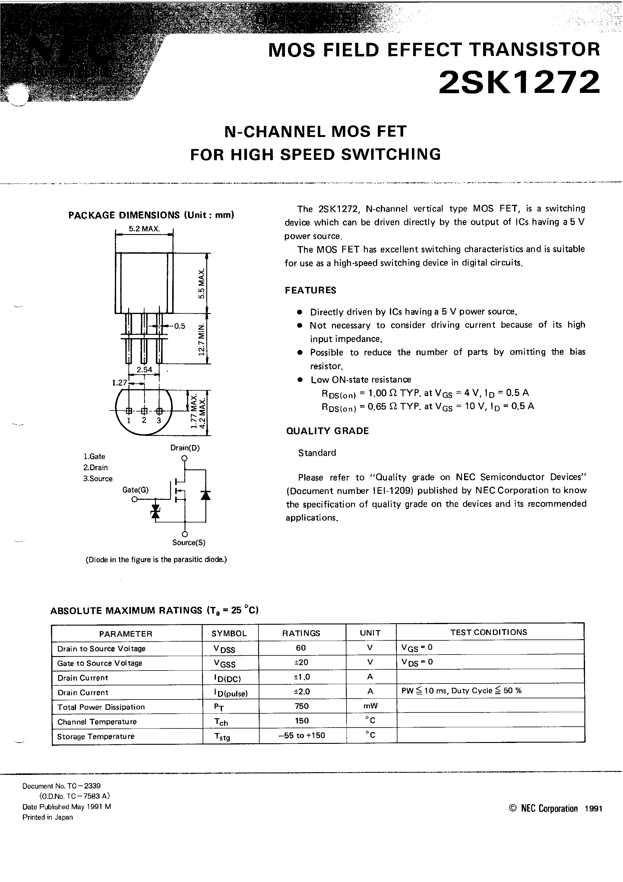 Datasheet 2SK1272 - N-CHANNEL MOS FET FOR HIGH SPEED SWITCHING page 1