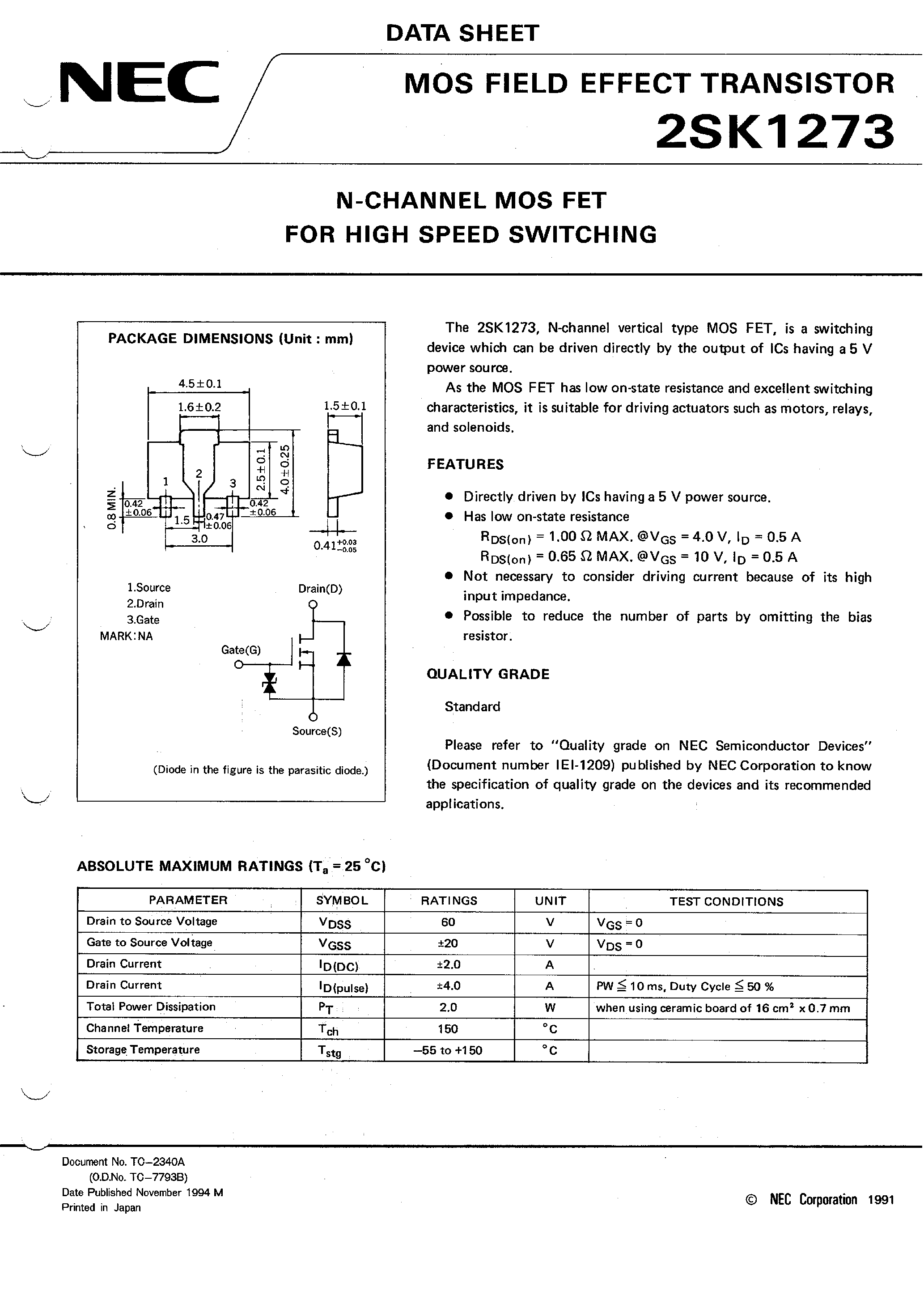 Datasheet 2SK1273 - N-CHANNEL MOS FET FOR HIGH SPEED SWITCHING page 1