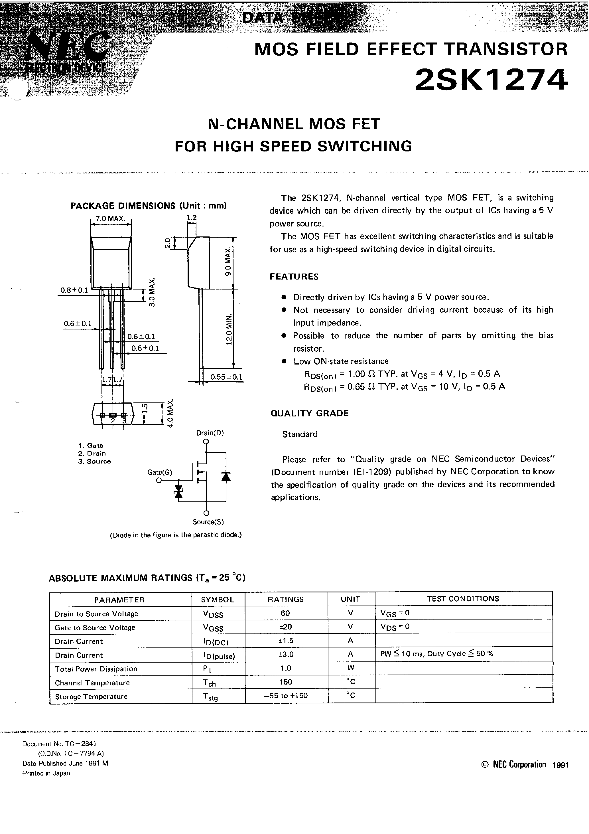 Datasheet 2SK1274 - N-CHANNEL MOS FET FOR HIGH SPEED SWITCHING page 1