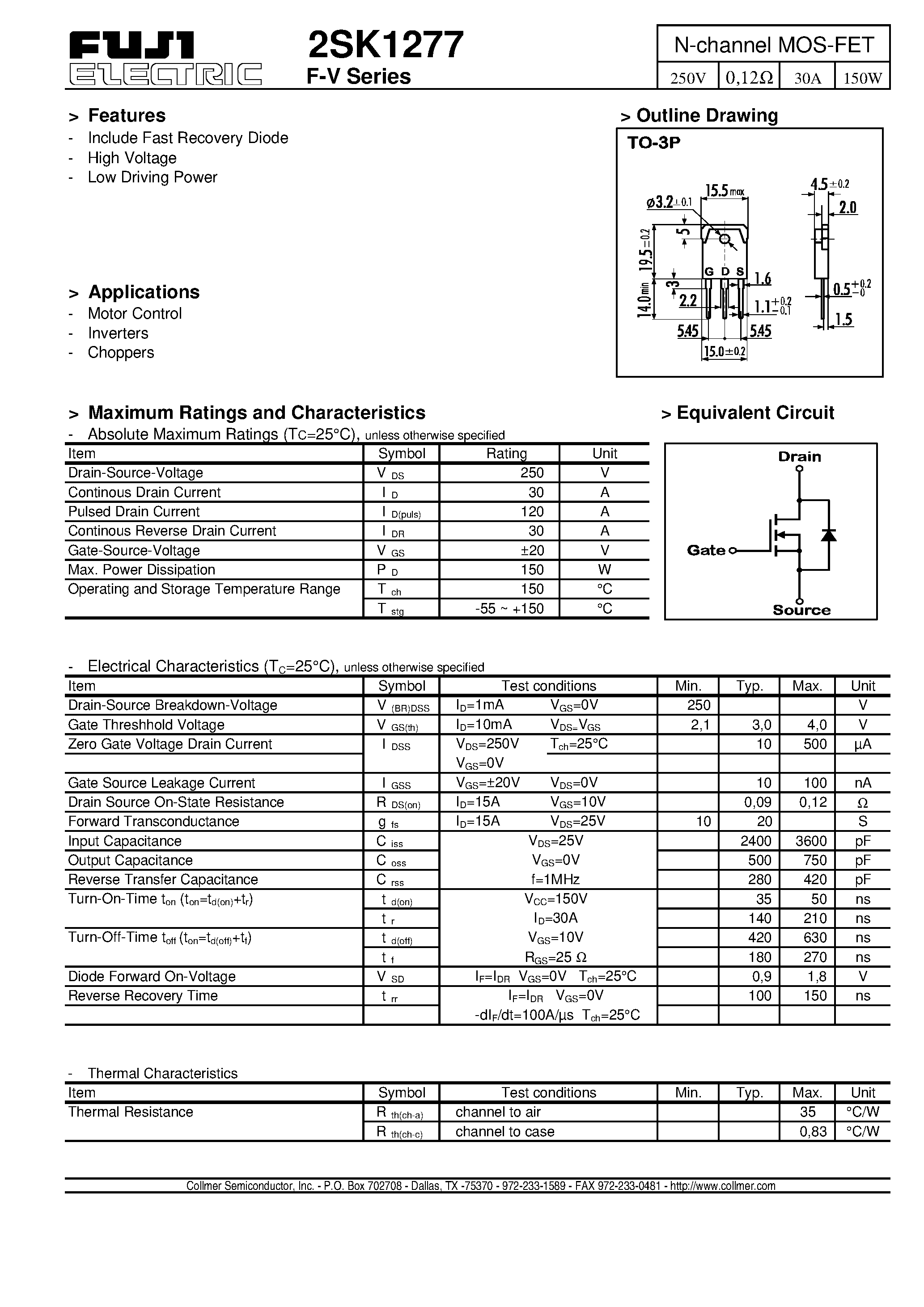 Datasheet 2SK1277 - N-Channel MOS-FET(250V/ 0.12Ohm/ 30A/ 150W) page 1