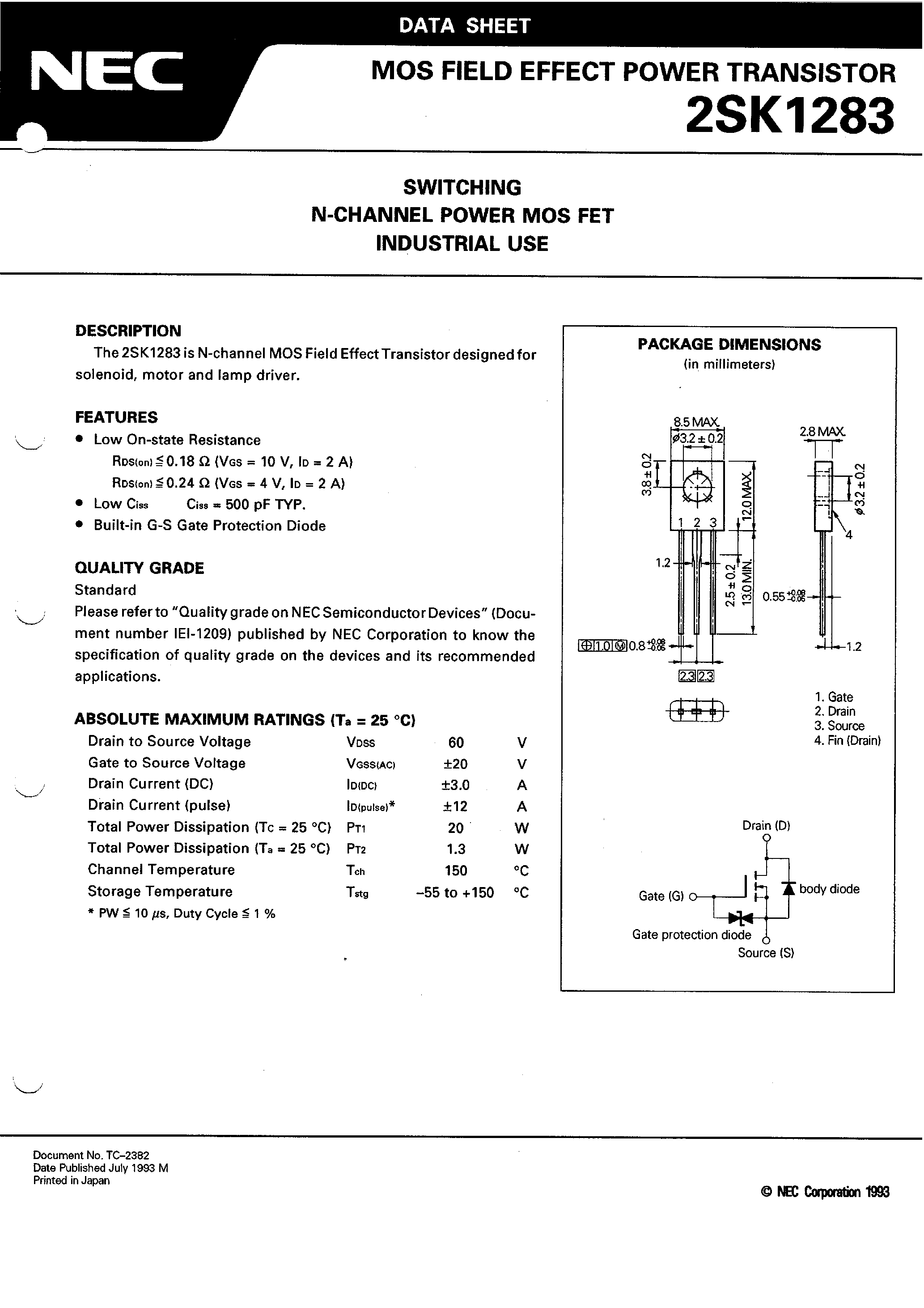 Datasheet 2SK1283 - SWITCHING N-CHANNEL POWER MOS FET INDUSTRIAL USE page 1