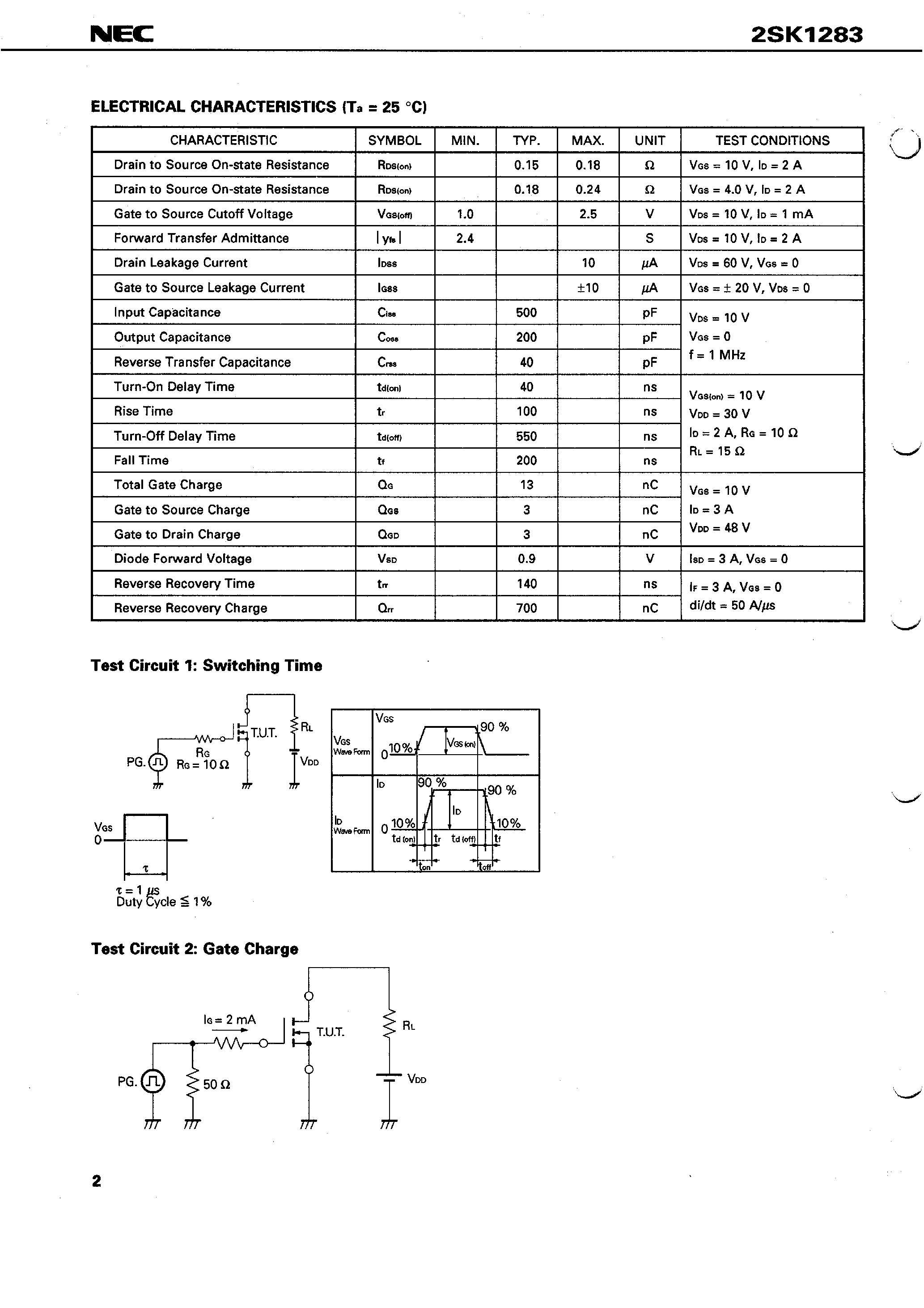 Datasheet 2SK1283 - SWITCHING N-CHANNEL POWER MOS FET INDUSTRIAL USE page 2