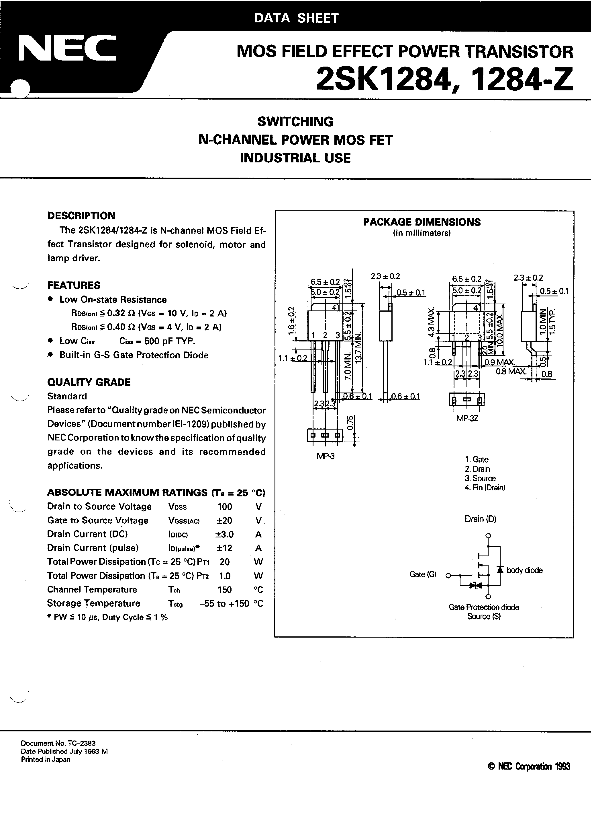 Datasheet 2SK1284 - SWITCHING N-CHANNEL POWER MOS FET INDUSTRIAL USE page 1