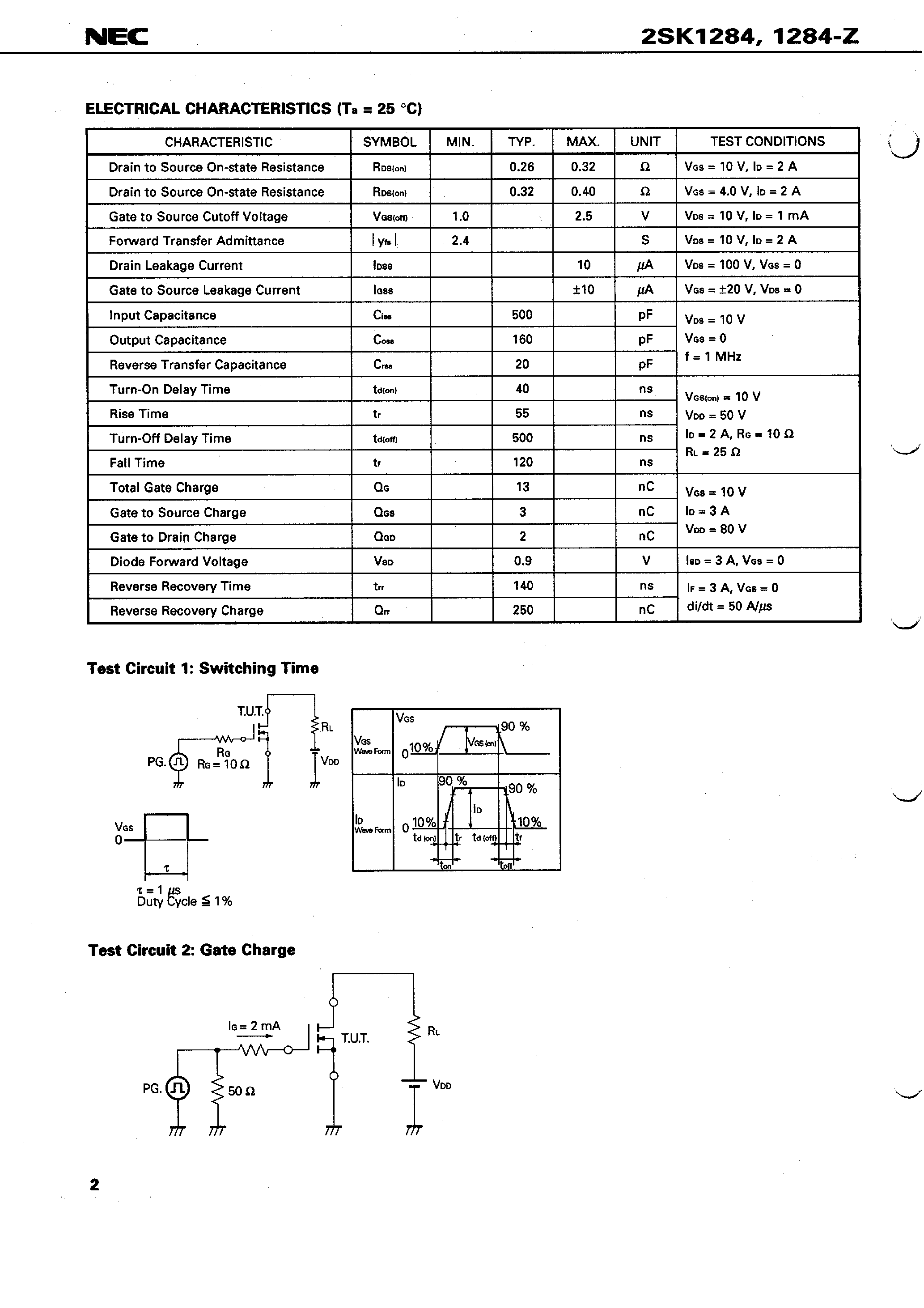 Datasheet 2SK1284 - SWITCHING N-CHANNEL POWER MOS FET INDUSTRIAL USE page 2