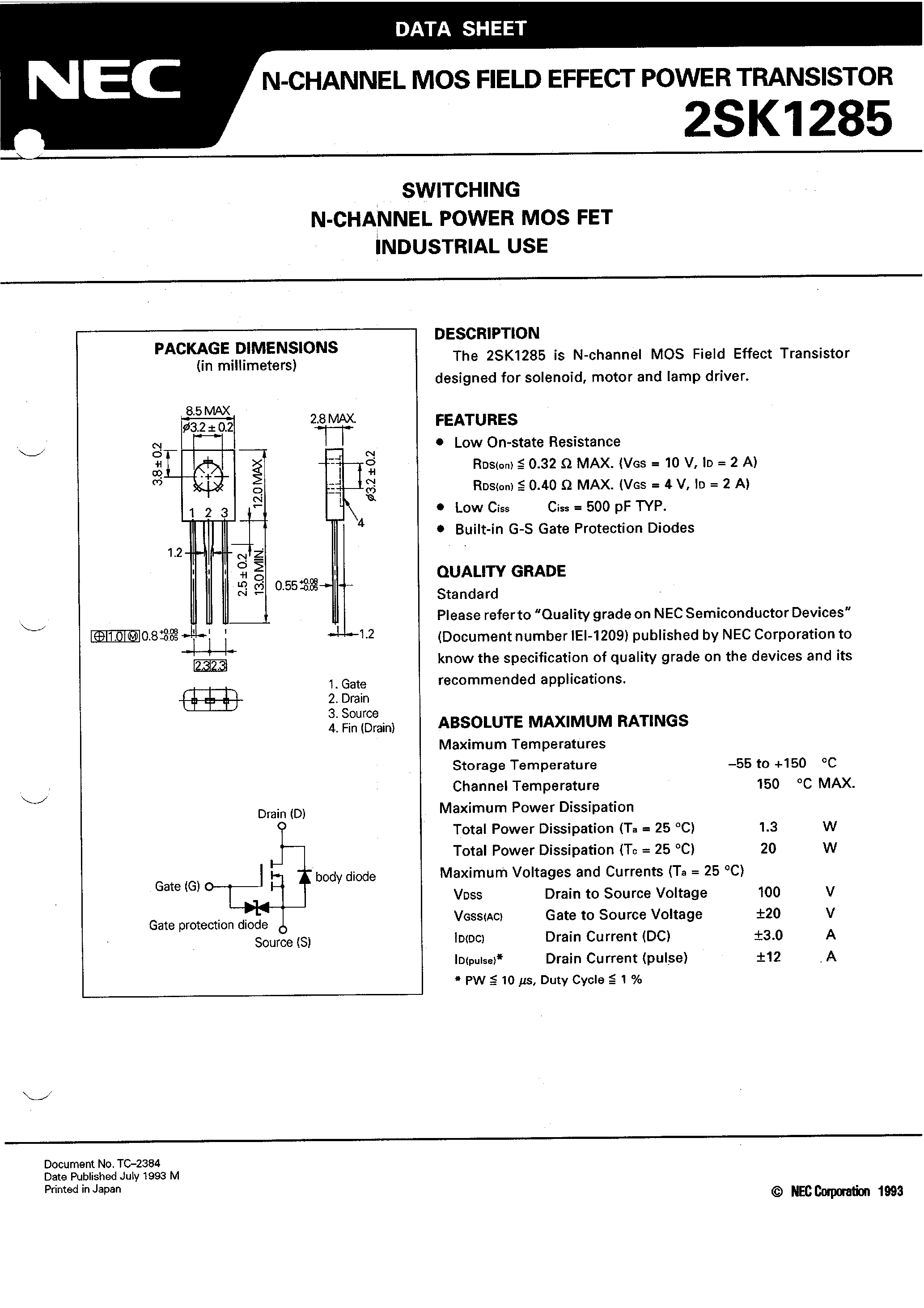 Datasheet 2SK1285 - SWITCHING N-CHANNEL POWER MOS FET INDUSTRIAL USE page 1