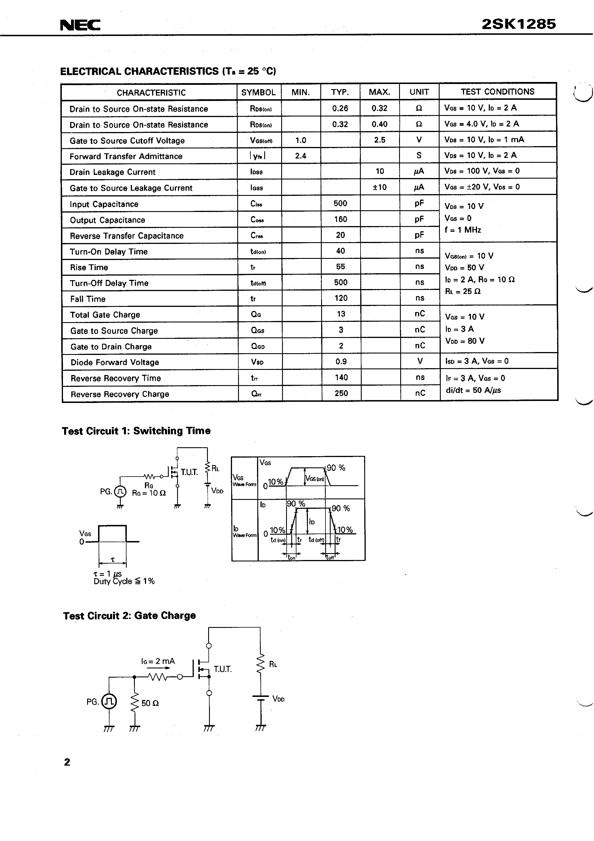 Datasheet 2SK1285 - SWITCHING N-CHANNEL POWER MOS FET INDUSTRIAL USE page 2