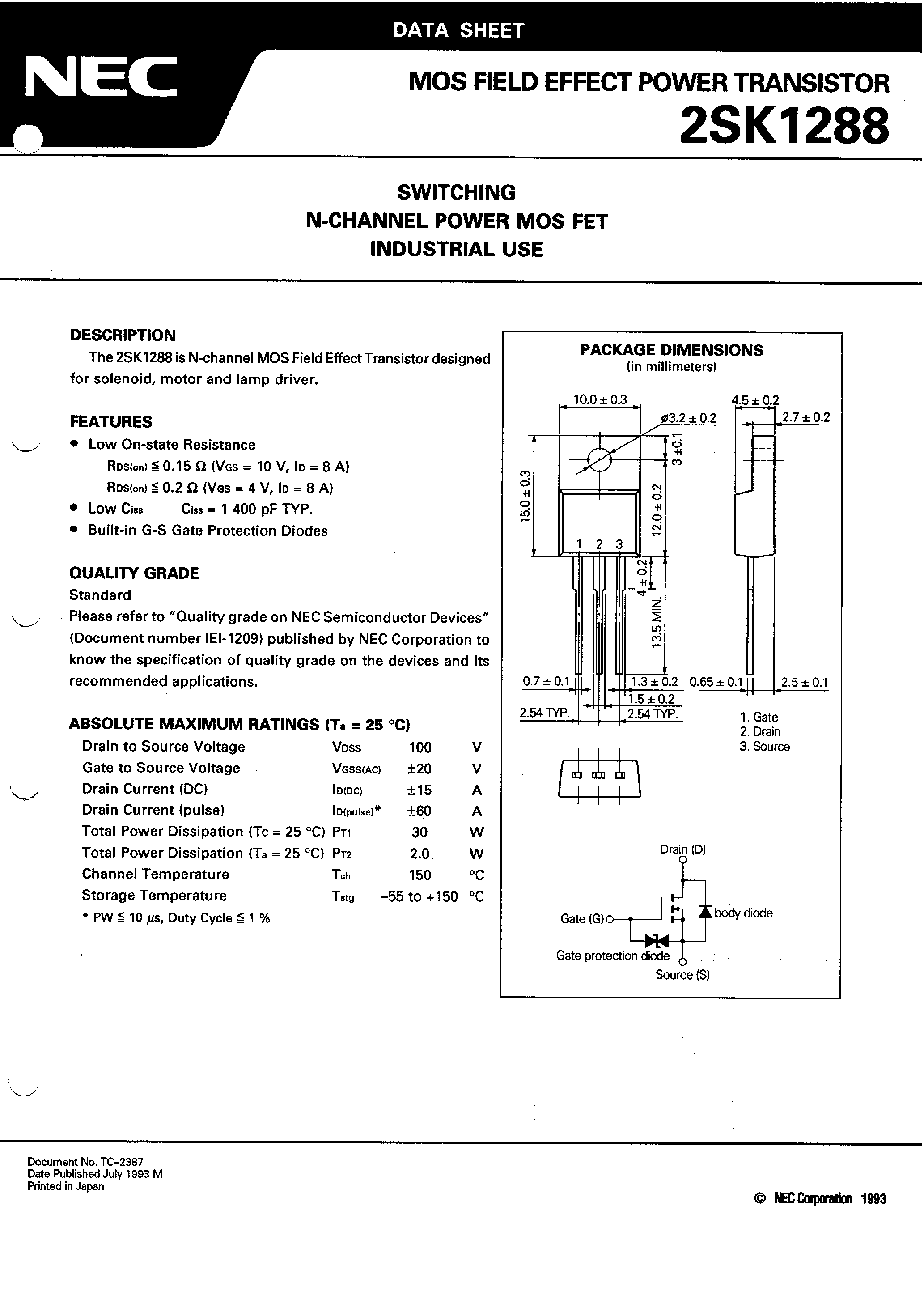 Datasheet 2SK1288 - SWITCHING N-CHANNEL POWER MOS FET INDUSTRIAL USE page 1