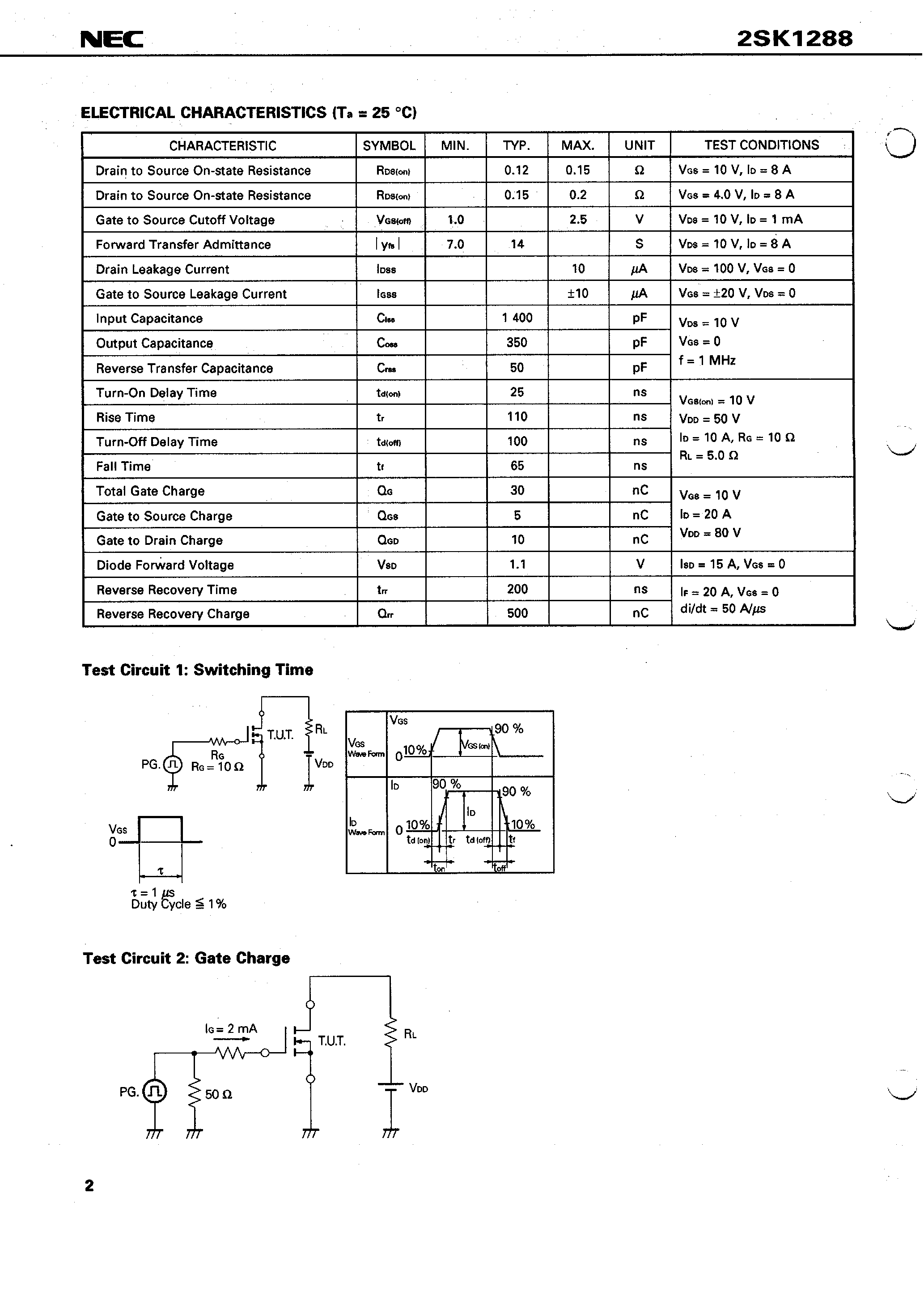 Datasheet 2SK1288 - SWITCHING N-CHANNEL POWER MOS FET INDUSTRIAL USE page 2